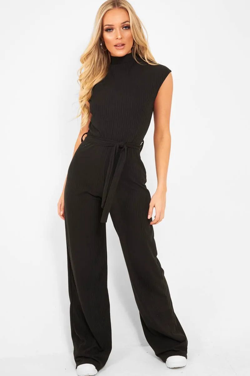 Black Ribbed High Neck Wide Leg Belted Jumpsuit - Rayden