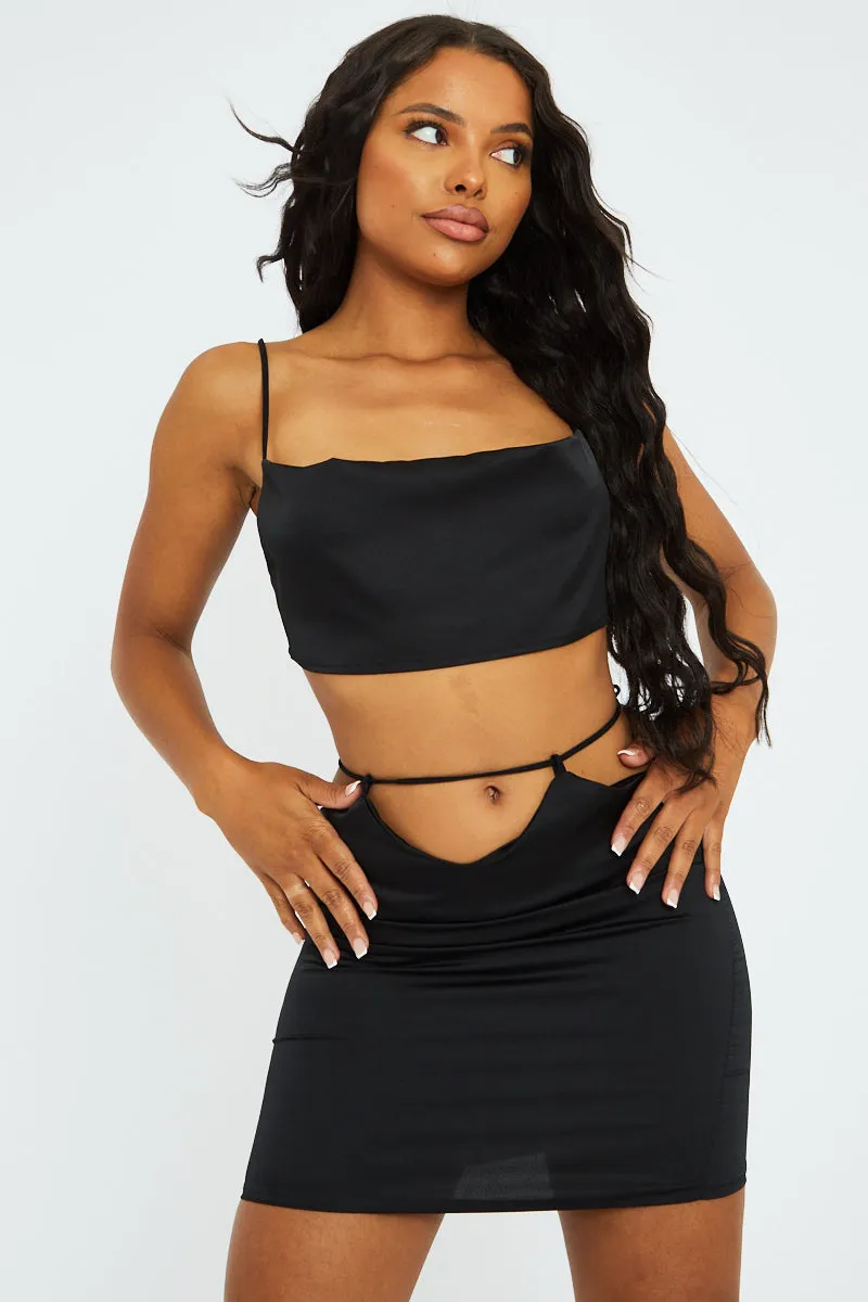 Black Satin Tie Detail Mini Skirt - Vana