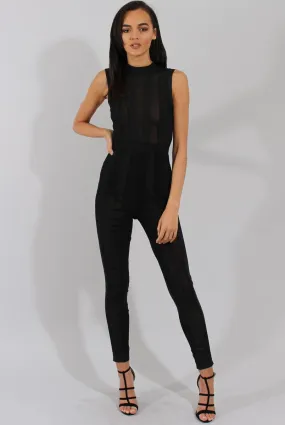 Black Striped Mesh Bandage Jumpsuit - Yara