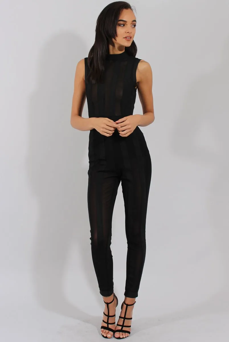 Black Striped Mesh Bandage Jumpsuit - Yara