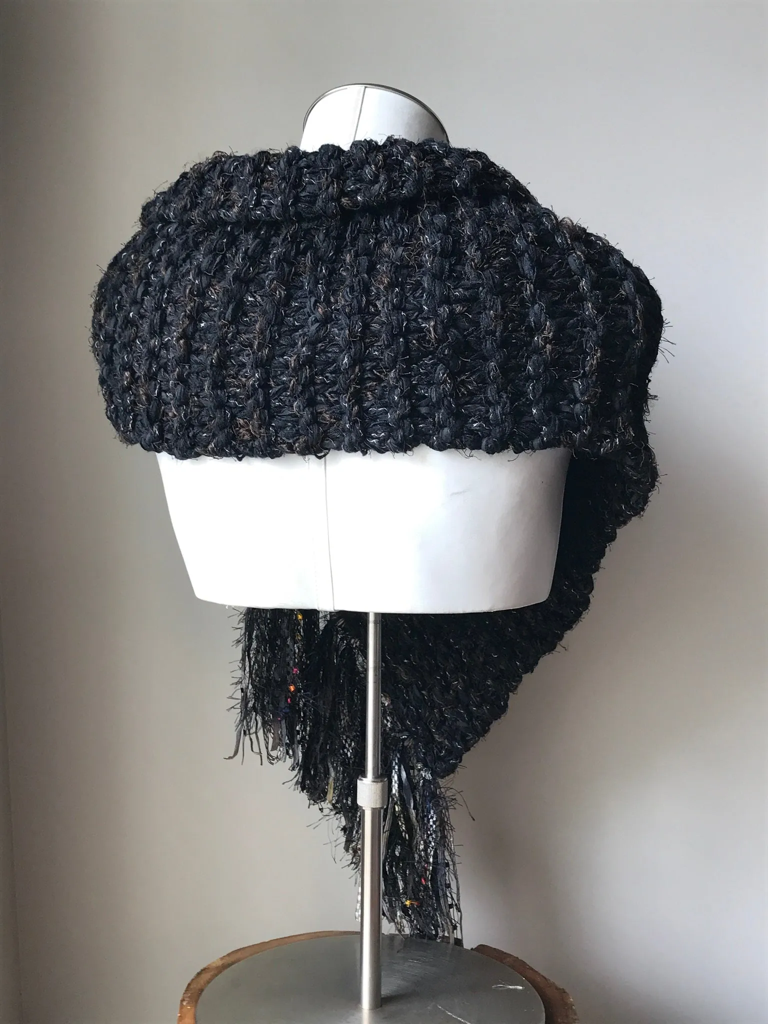 Black Tweed Shawl w/Fringe & Ceramic Button,