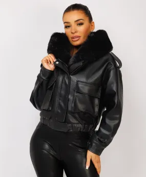 Black Vegan Leather Faux Fur Collar Hooded Bomber Jacket