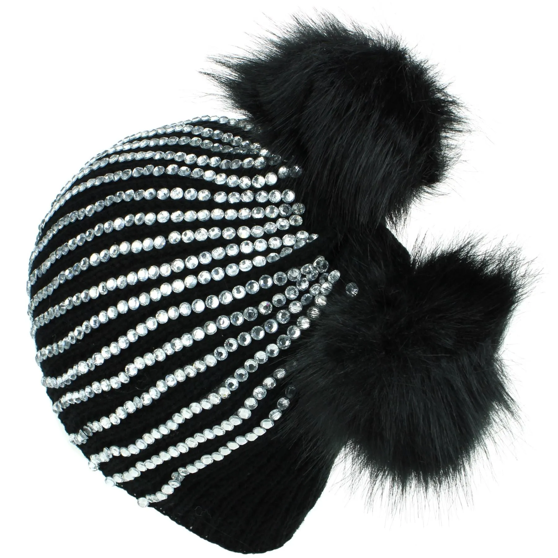 Bling Diamante Studded Chunky Knit Beanie Hat with Two Bobbles - Black