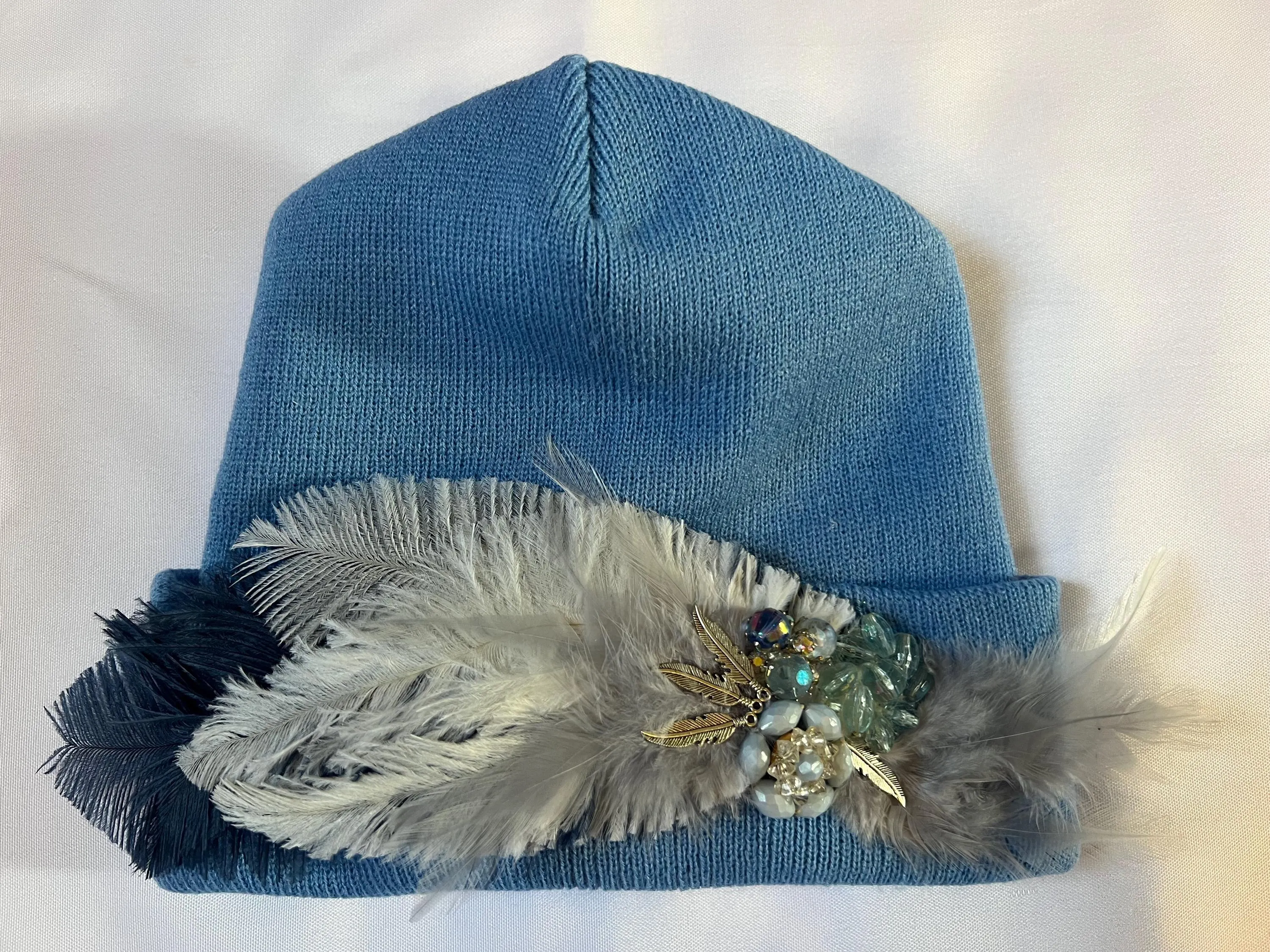 BLUE Embellished Feathered & Jeweled Sparkly Knit Hat