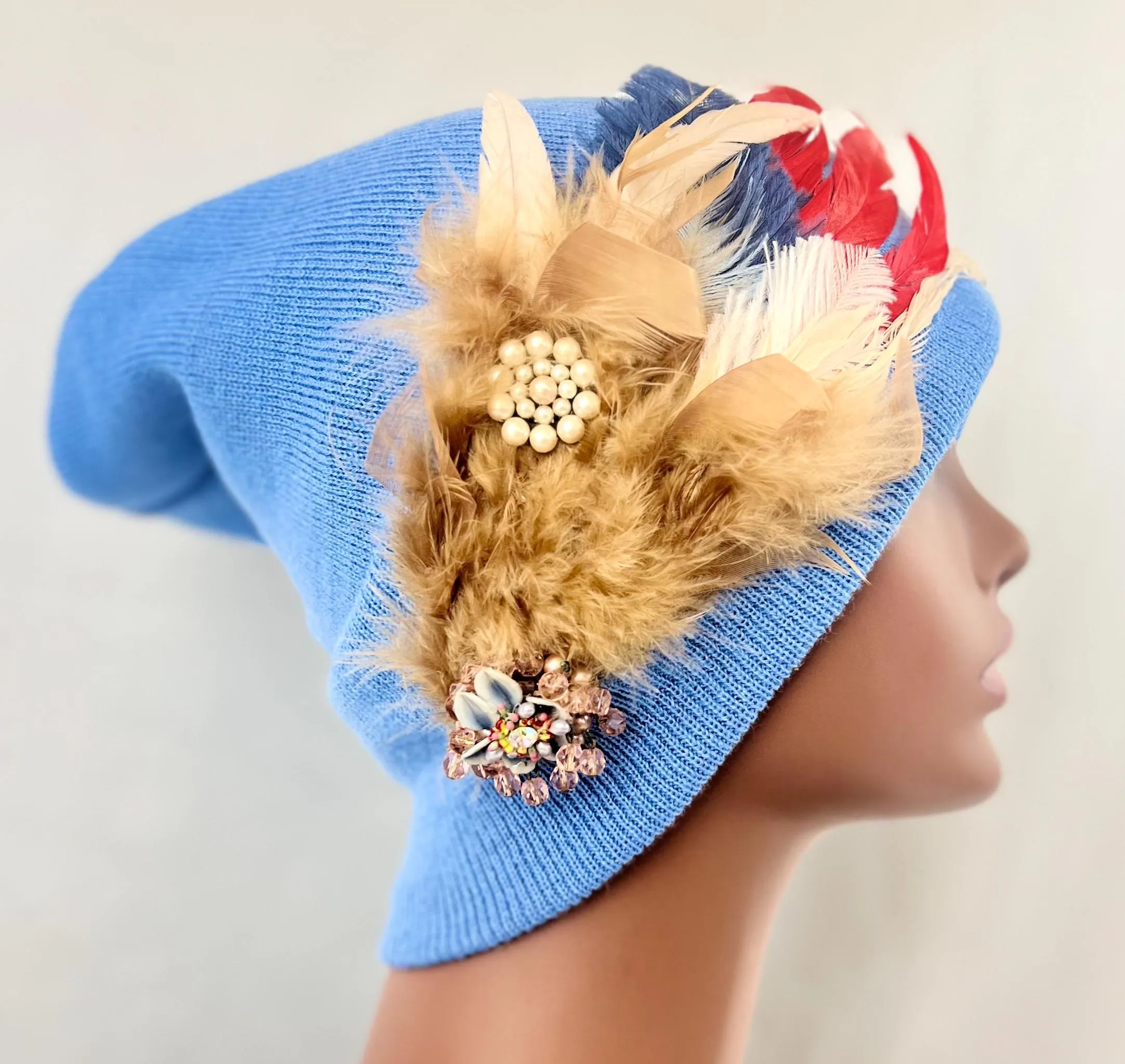 BLUE Embellished Feathered & Jeweled Sparkly Knit Hat