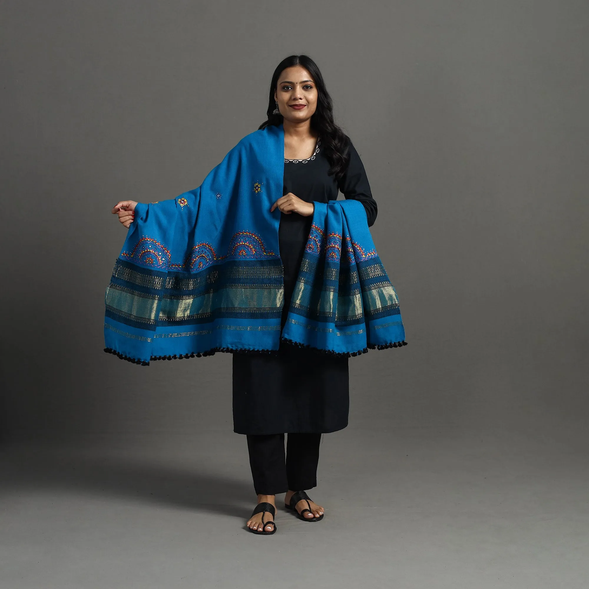 Blue - Kutch Neran Hand Embroidery Mirror Work Woollen Shawl 114