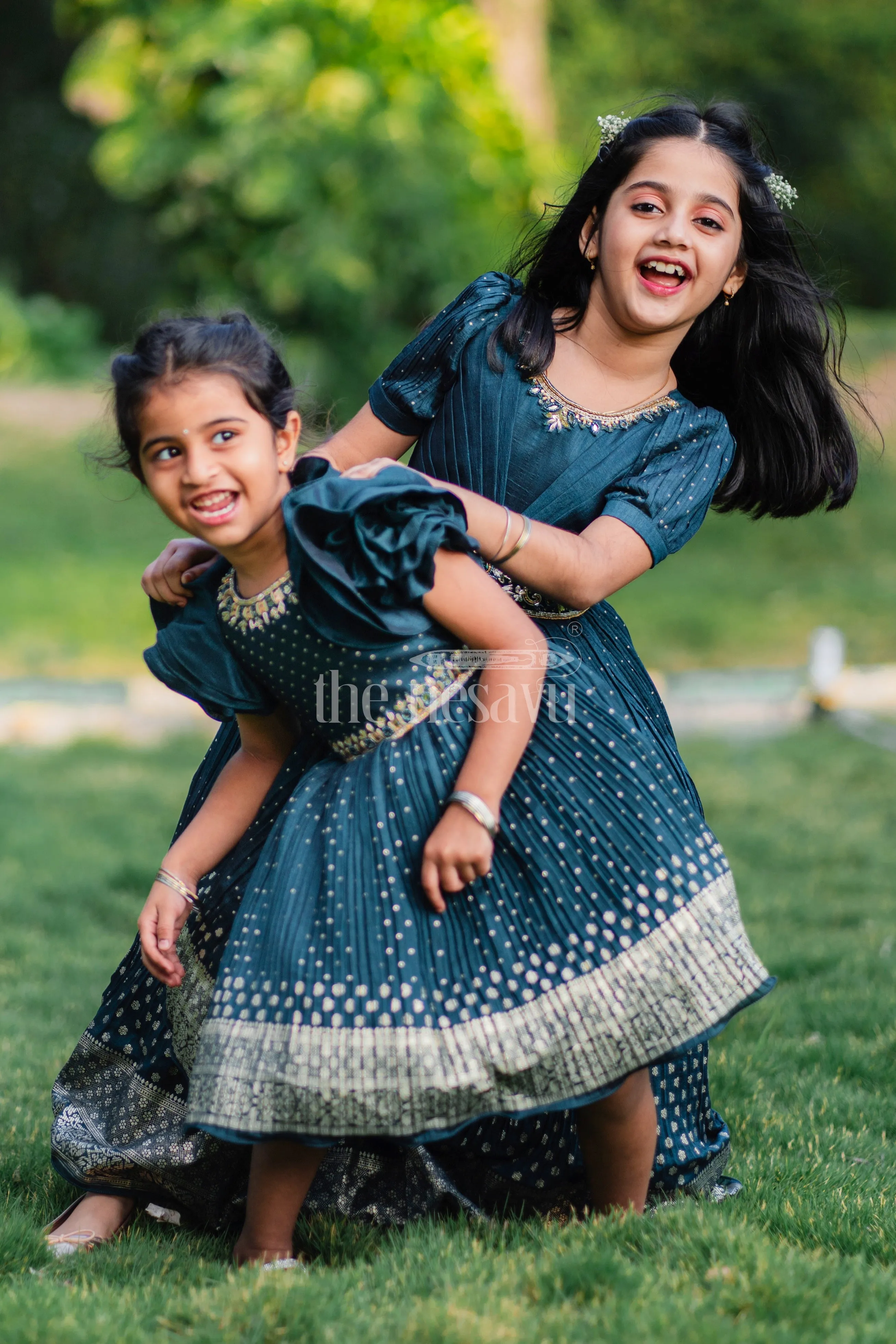 Blue Silk Blend Party Frock with Silver Embroidery