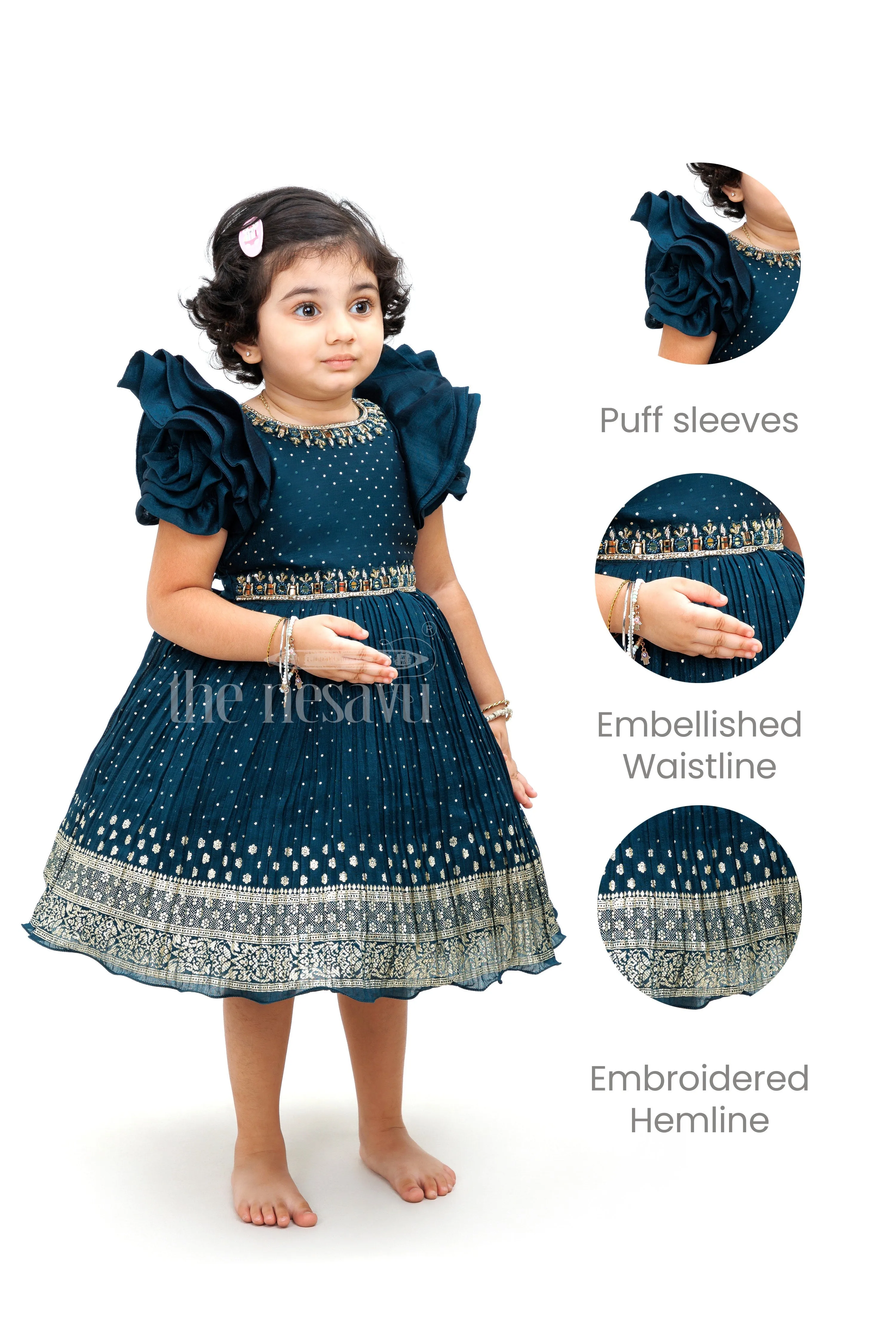 Blue Silk Blend Party Frock with Silver Embroidery