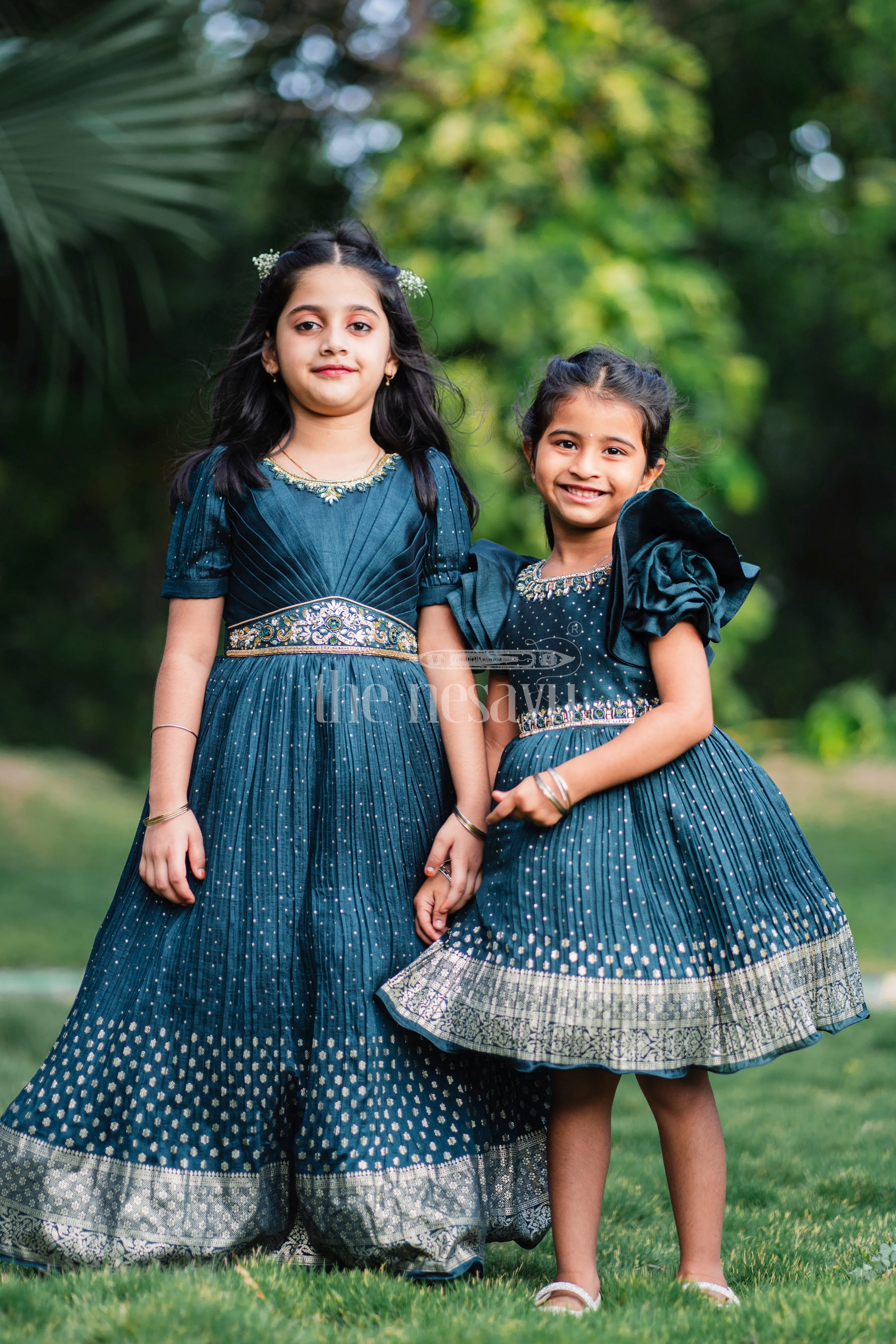 Blue Silk Blend Party Frock with Silver Embroidery