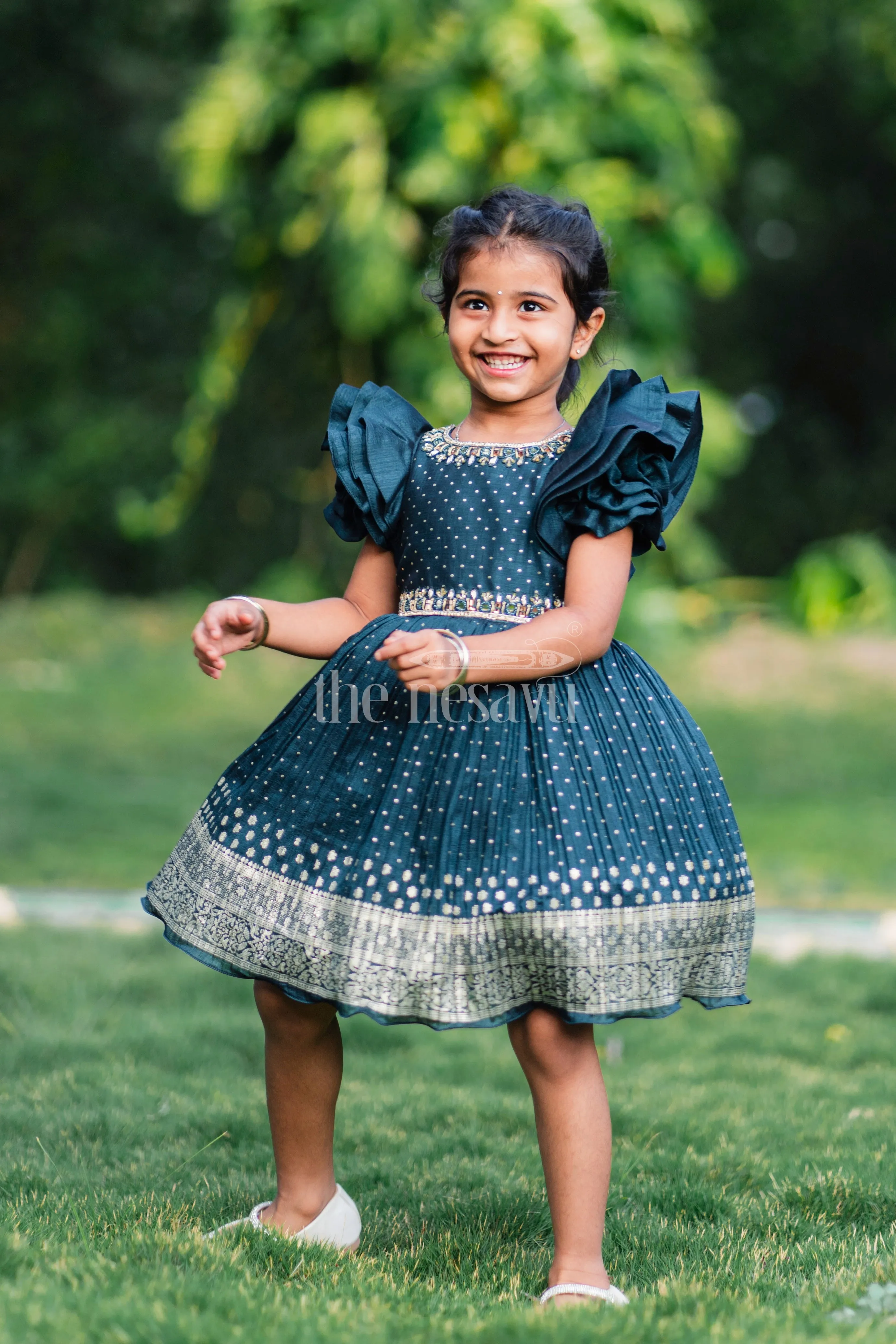 Blue Silk Blend Party Frock with Silver Embroidery