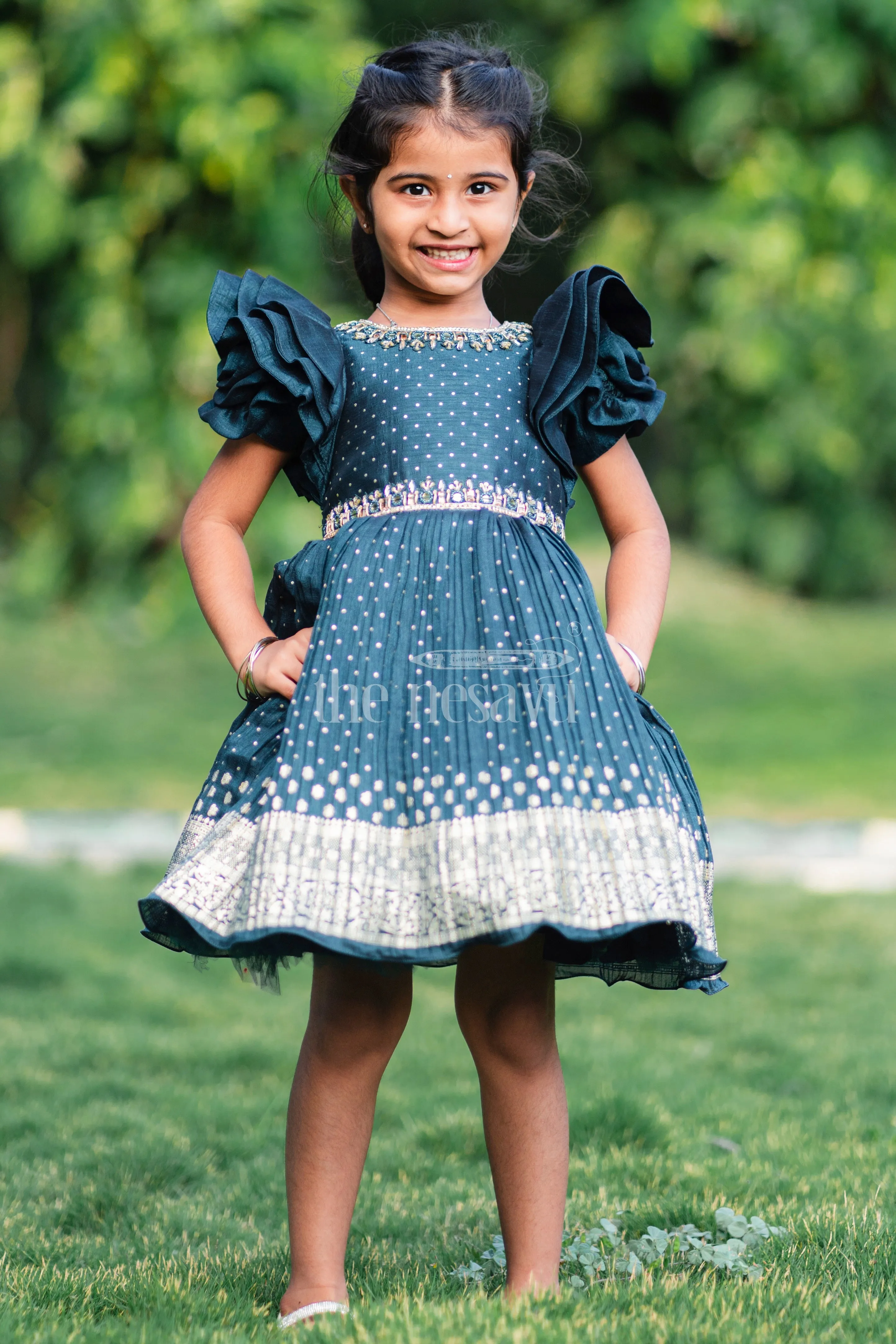 Blue Silk Blend Party Frock with Silver Embroidery