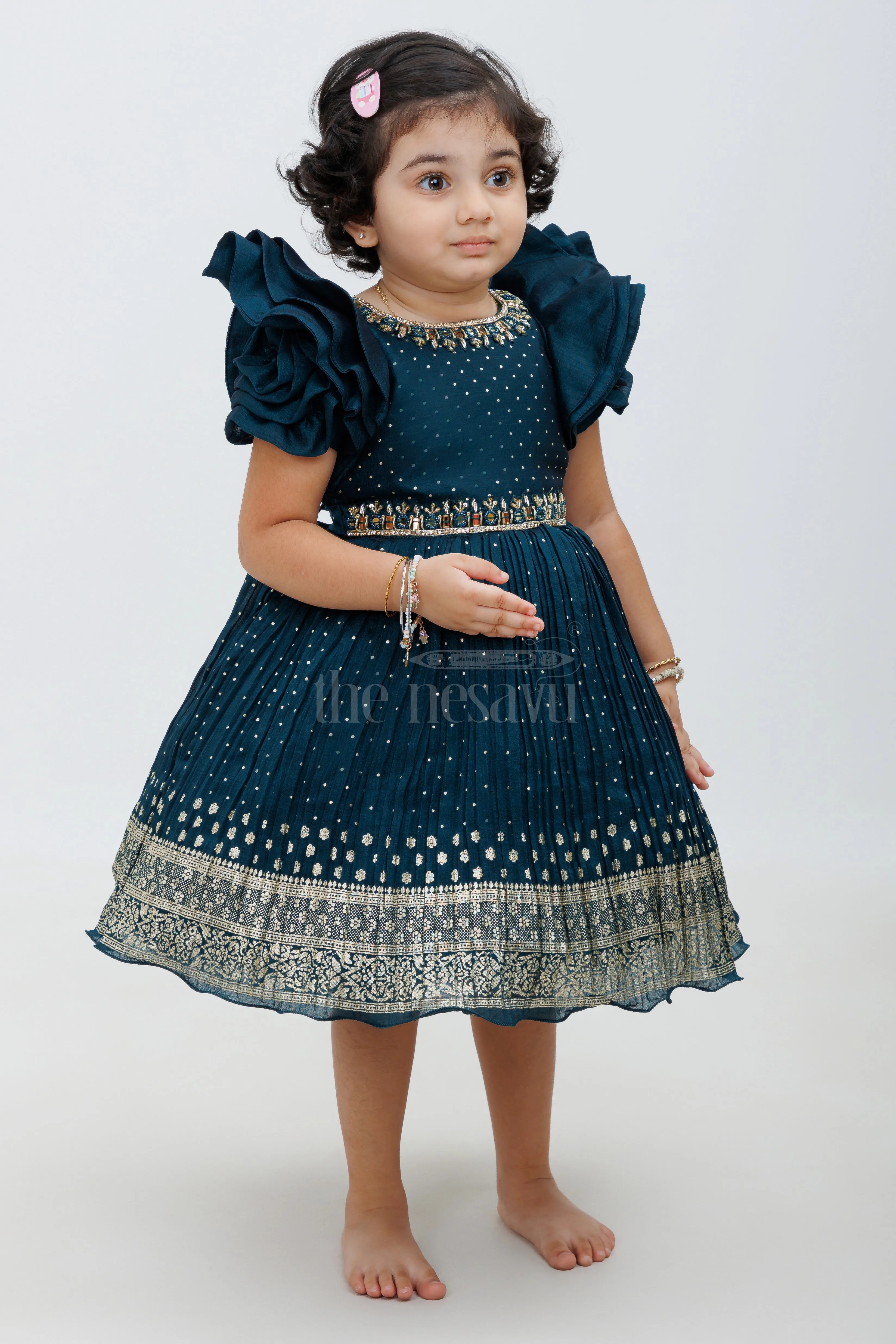 Blue Silk Blend Party Frock with Silver Embroidery