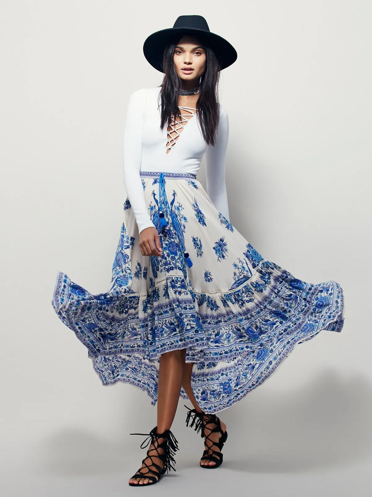 Boho Long Skirt "Hotel Paradiso" Plus Size Blue And White Midi Maxi Bohemian Peacock Print Size XXL or 2X