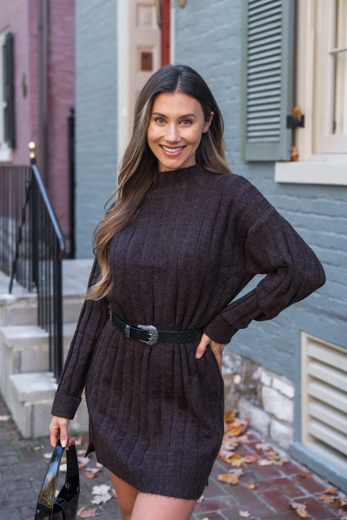 Brown Mock Neck Sweater Dress