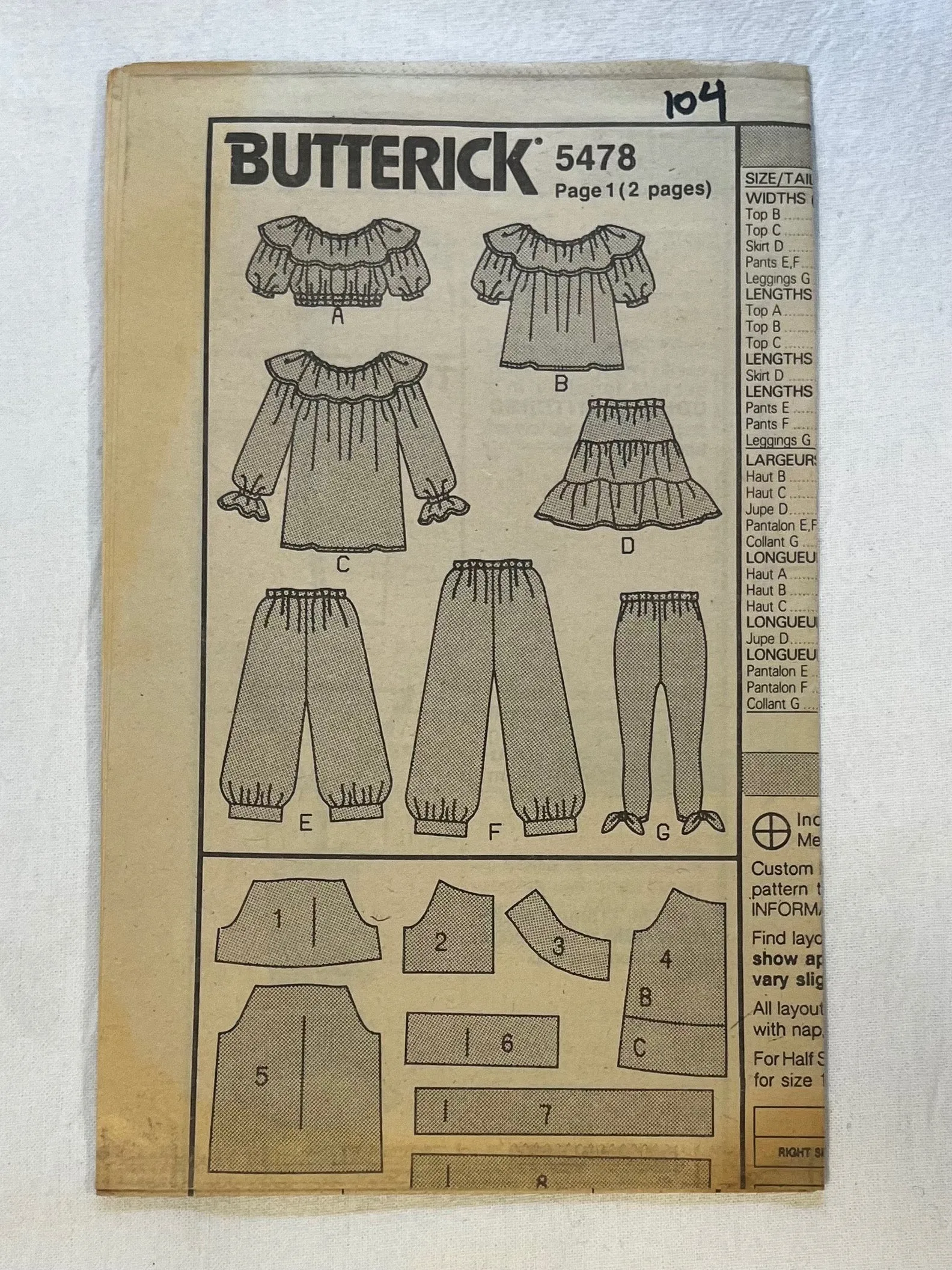 Butterick Classics 5478 Sewing Pattern Girls' Top, Skirt, Pants & Leggings Sizes 7, 8, 10