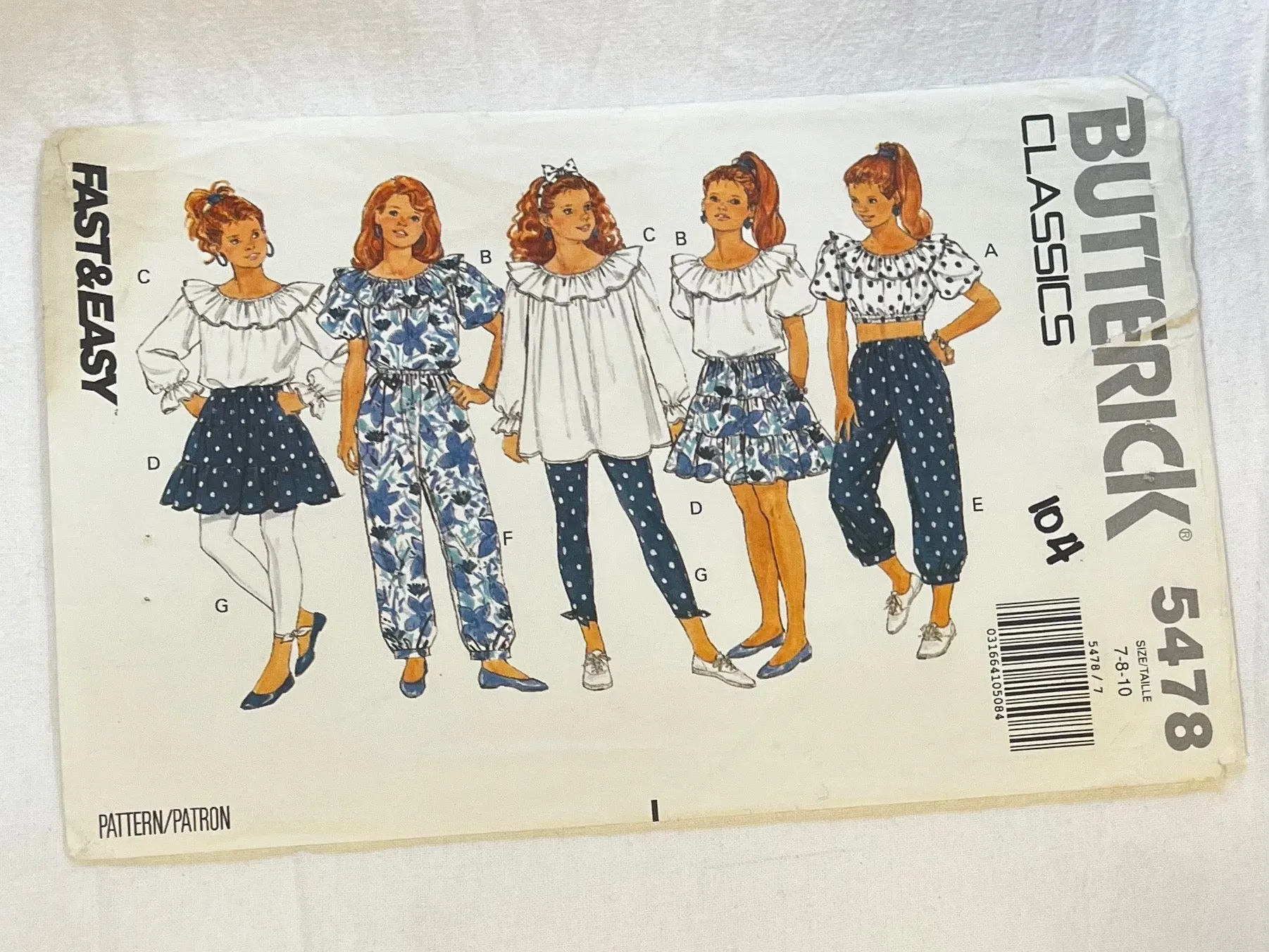 Butterick Classics 5478 Sewing Pattern Girls' Top, Skirt, Pants & Leggings Sizes 7, 8, 10