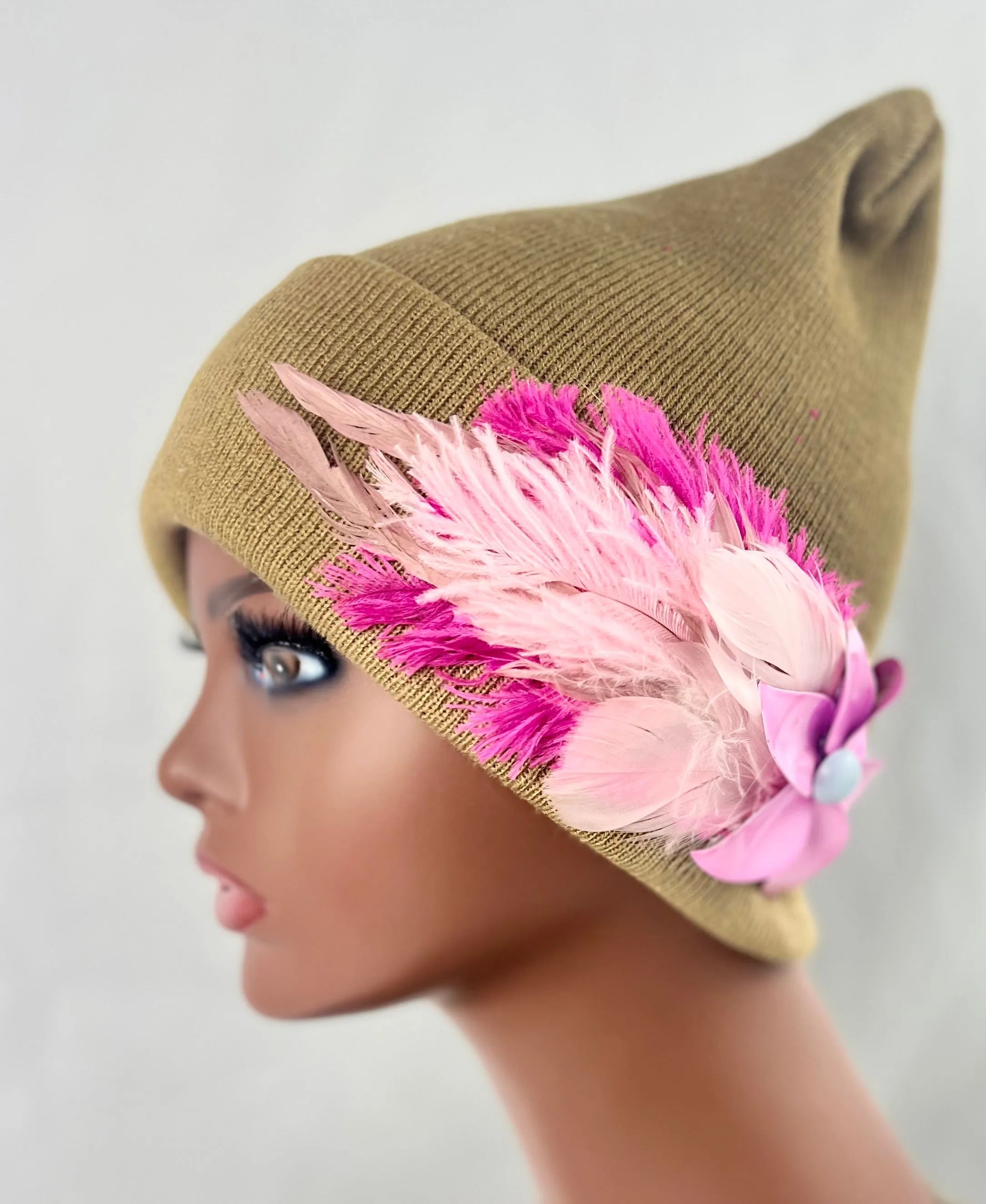 CAMEL COLLECTION - Embellished Feathered & Vintage Jeweled Knit Hats