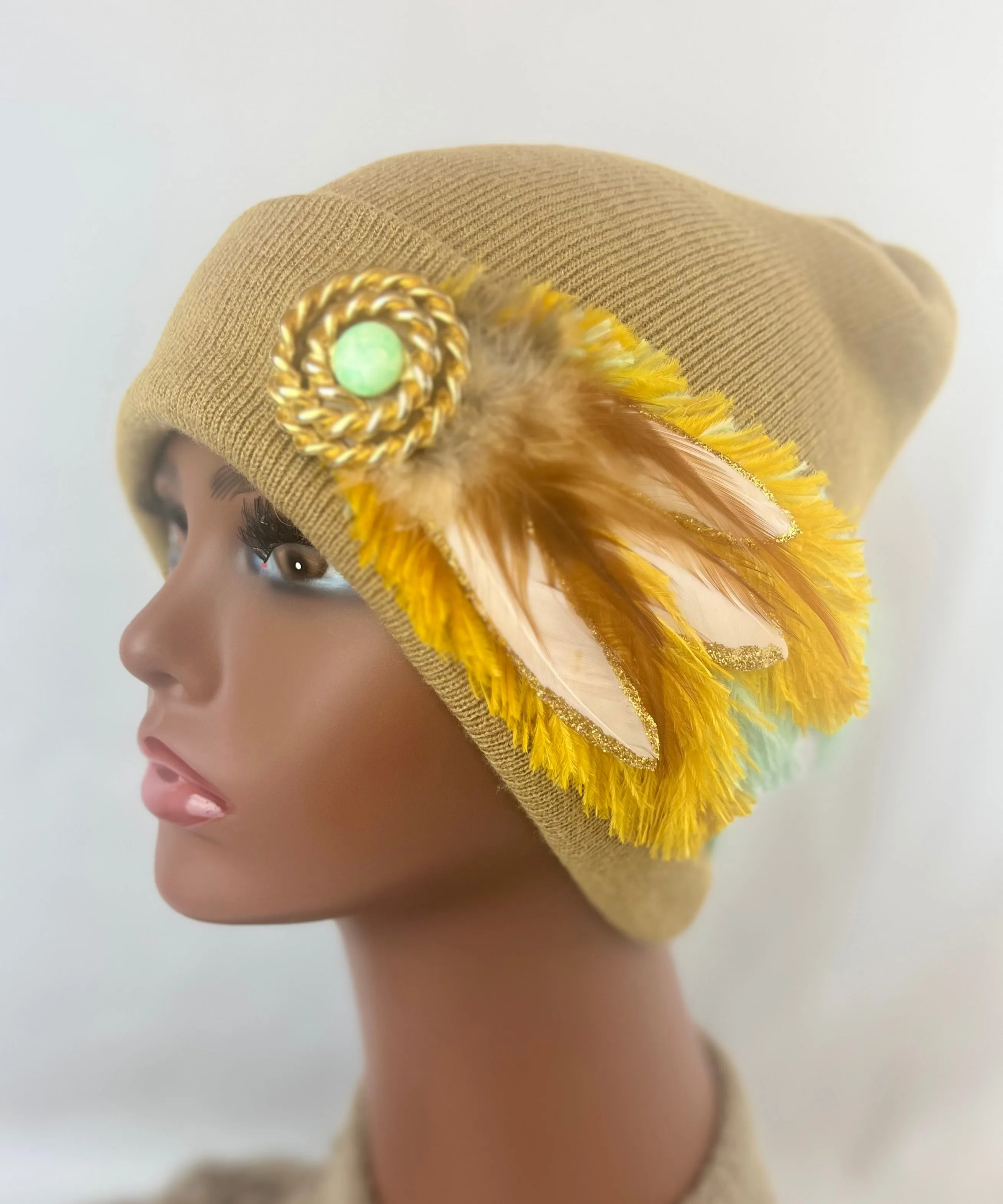 CAMEL COLLECTION - Embellished Feathered & Vintage Jeweled Knit Hats