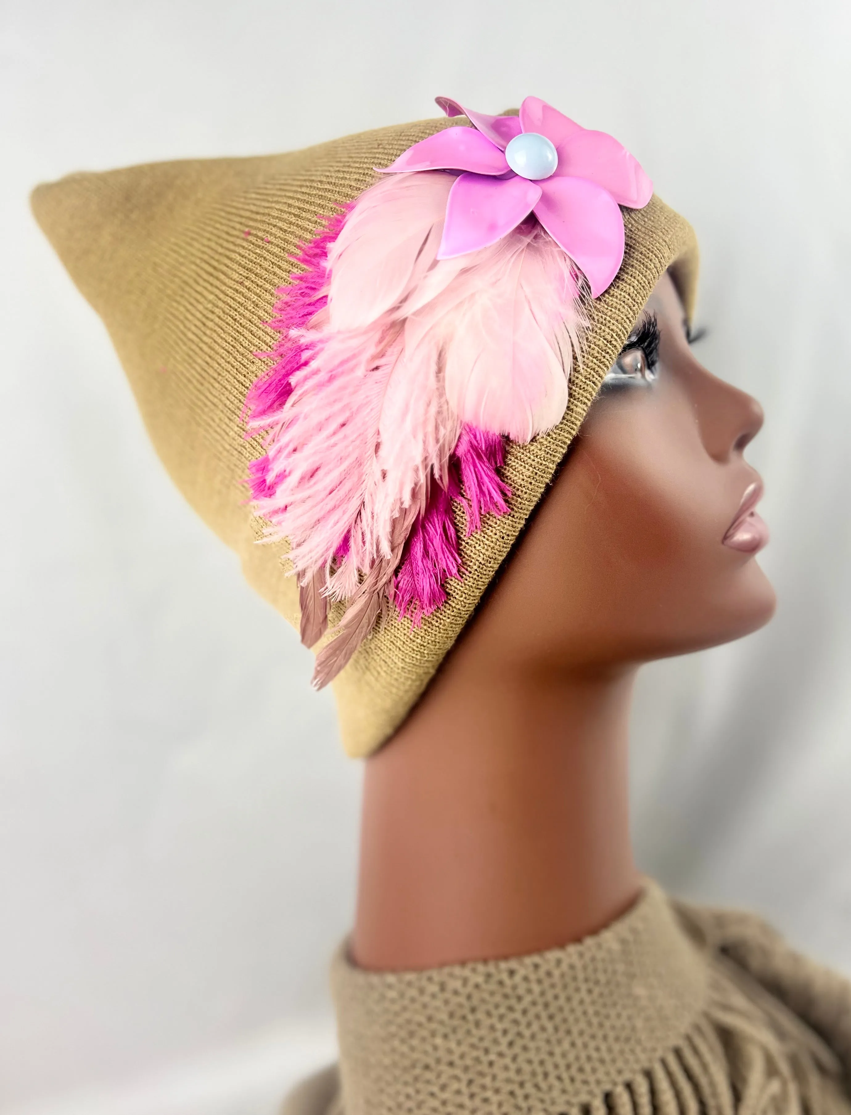 CAMEL COLLECTION - Embellished Feathered & Vintage Jeweled Knit Hats