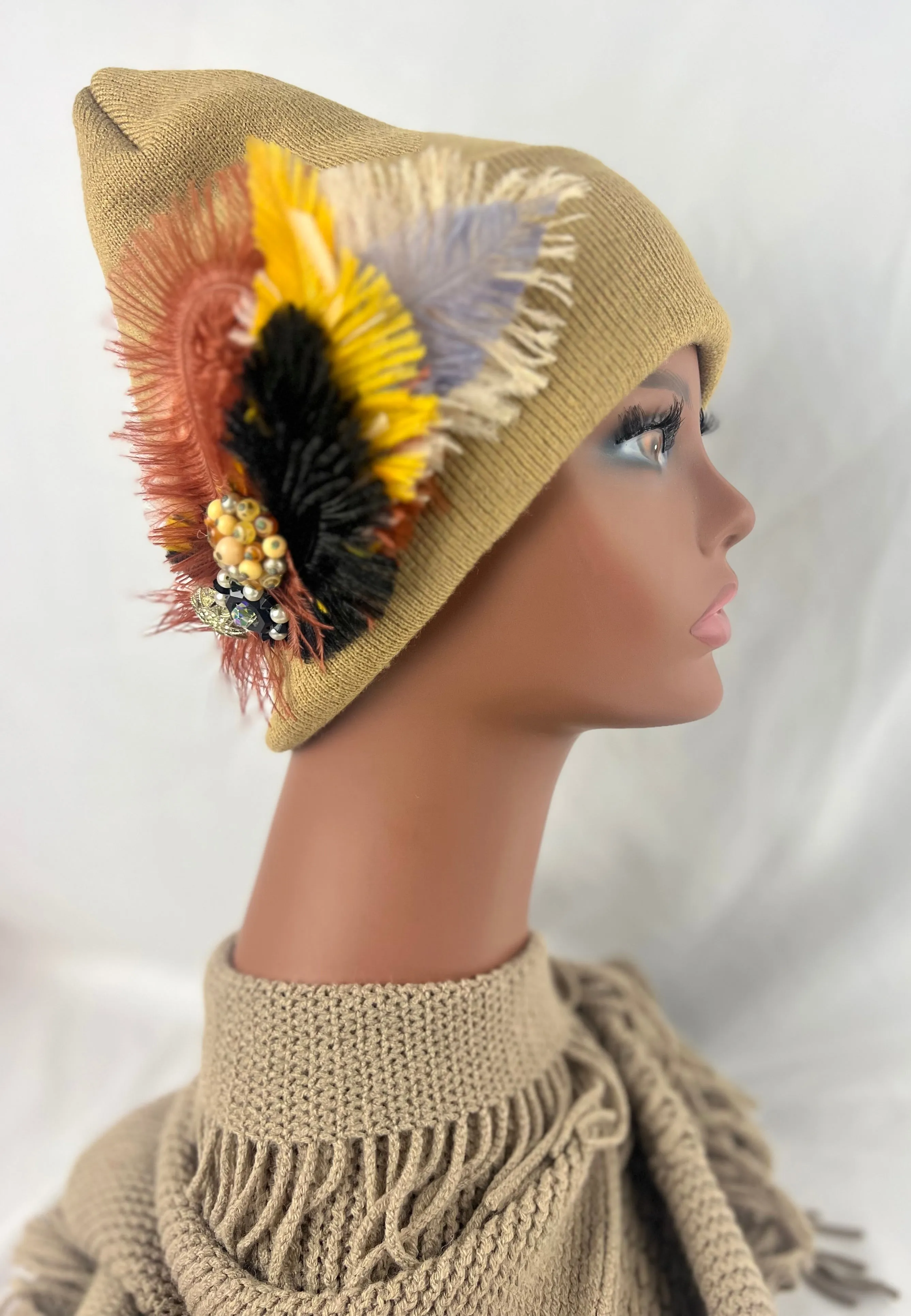 CAMEL COLLECTION - Embellished Feathered & Vintage Jeweled Knit Hats