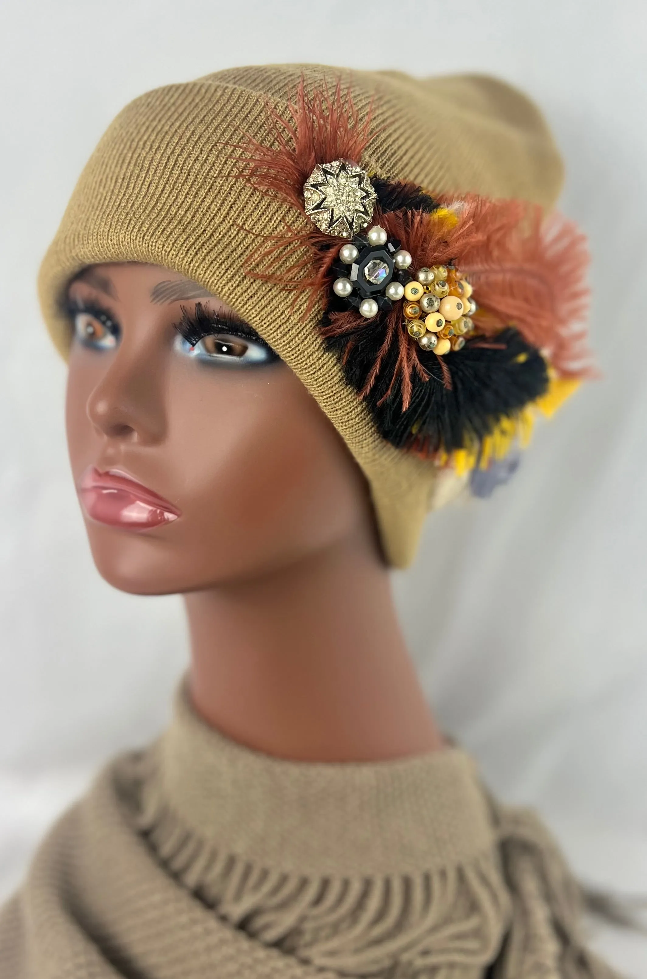 CAMEL COLLECTION - Embellished Feathered & Vintage Jeweled Knit Hats