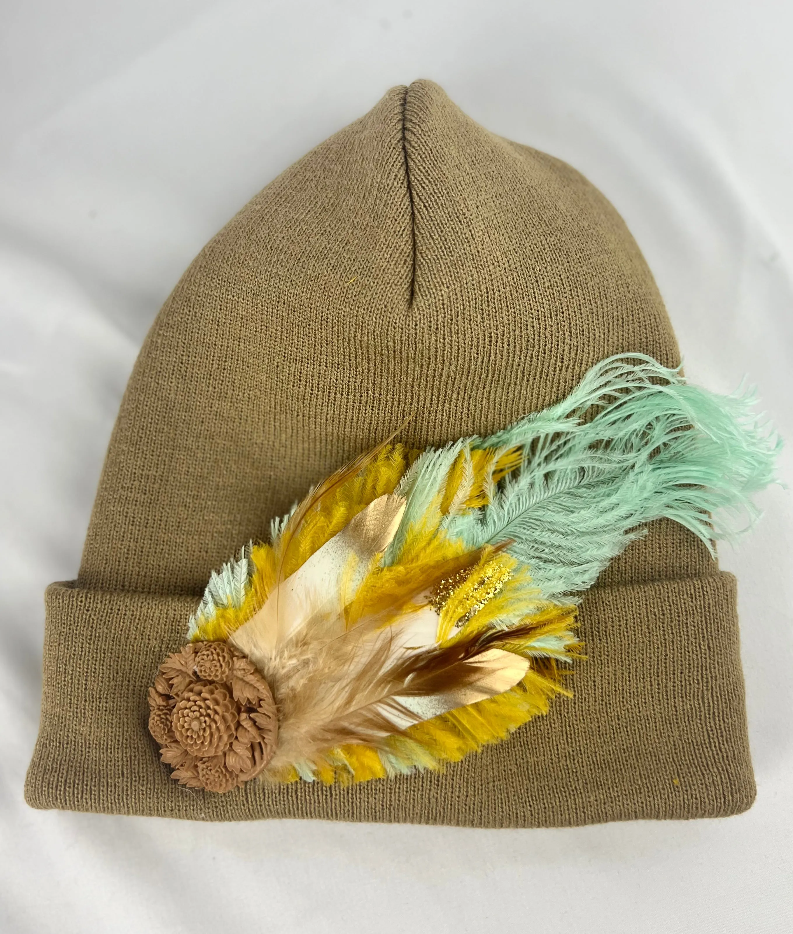 CAMEL COLLECTION - Embellished Feathered & Vintage Jeweled Knit Hats