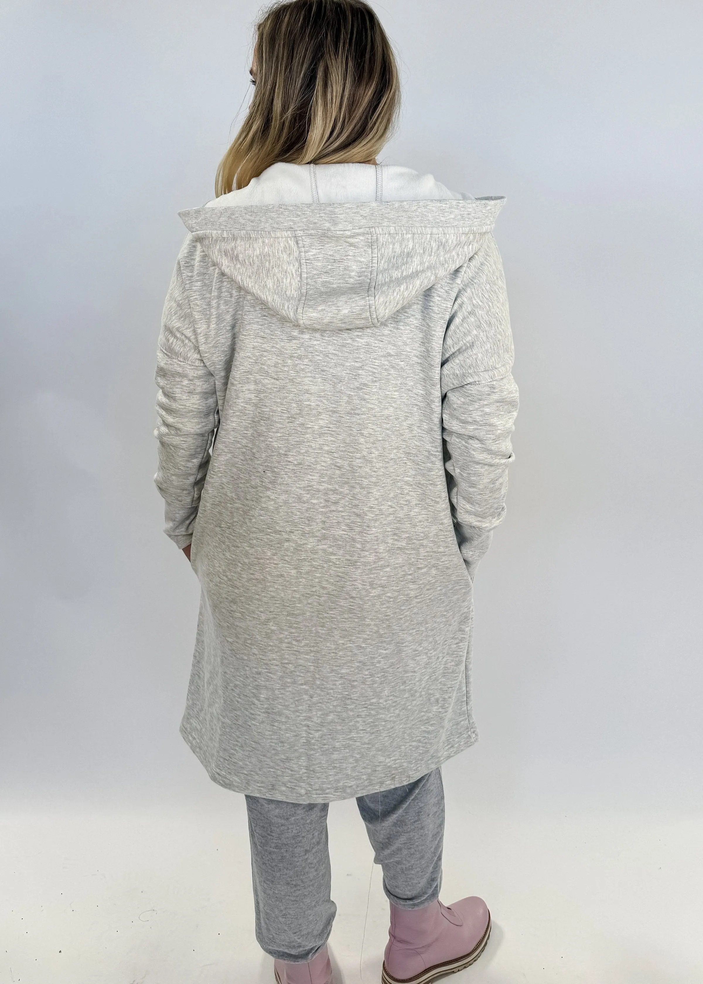 Cardi Hoodie Open Front Fleece Lined Grey Two Toned