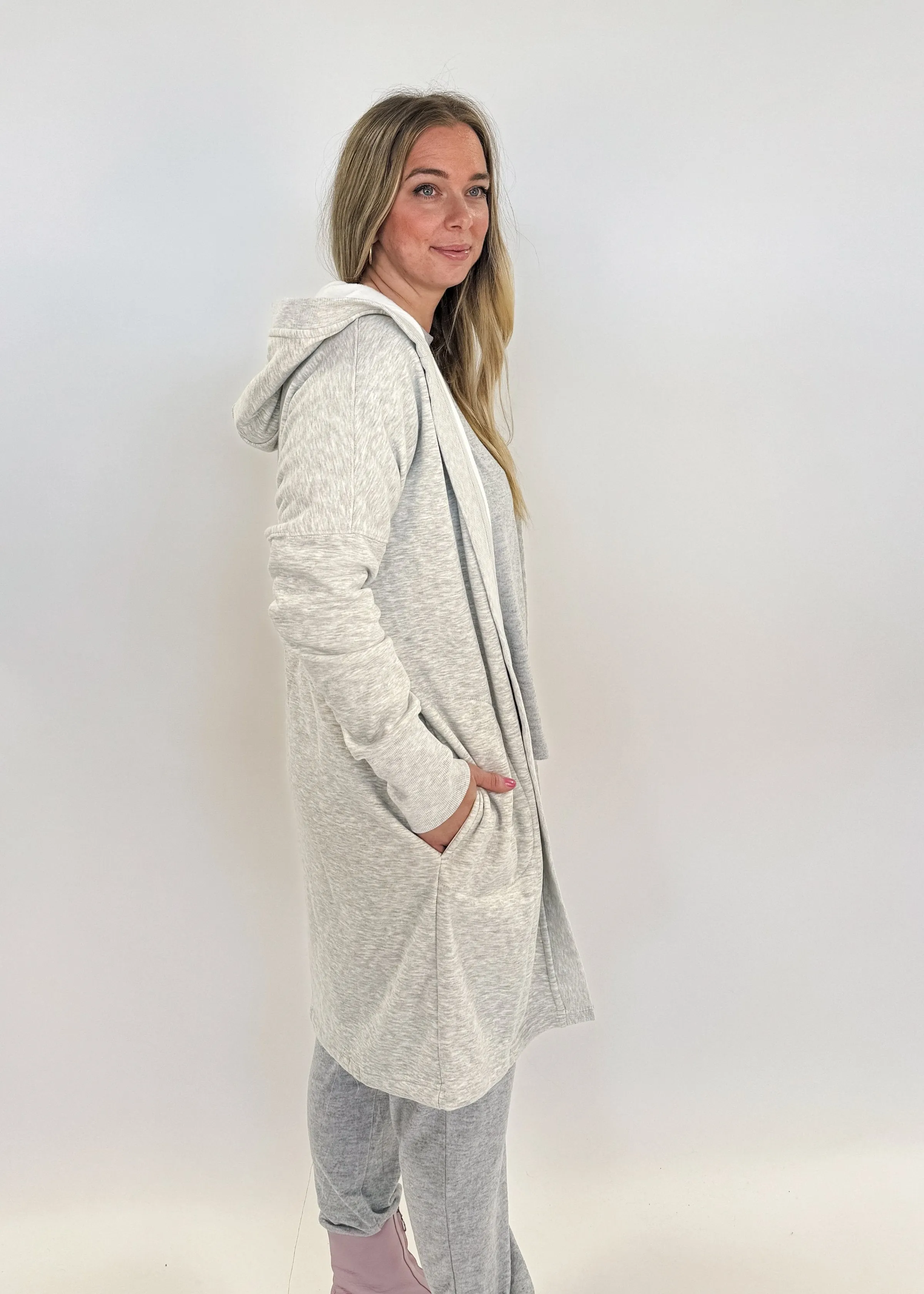 Cardi Hoodie Open Front Fleece Lined Grey Two Toned