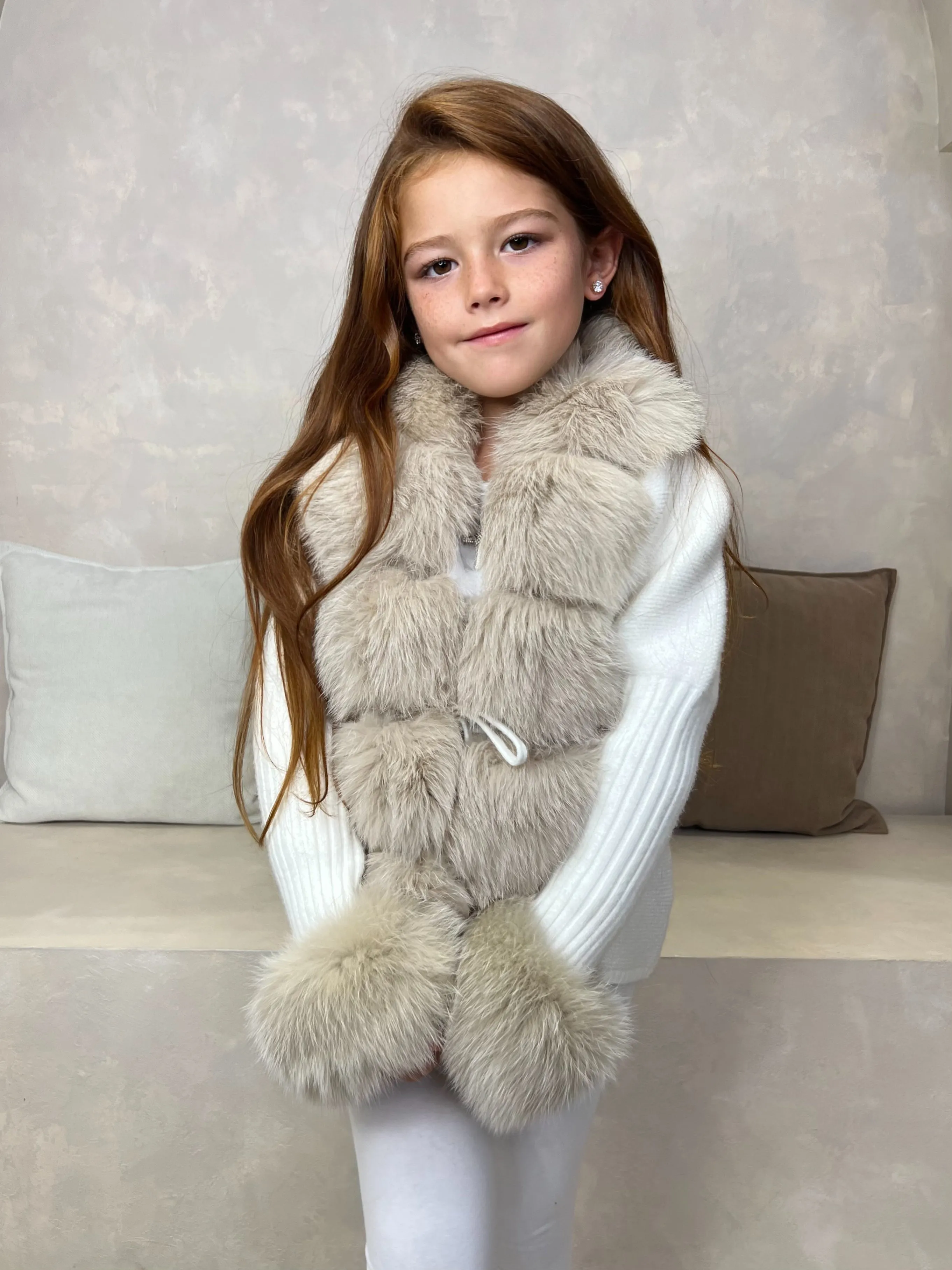 Childrens Cream/Beige Luxury Fur Cardigan