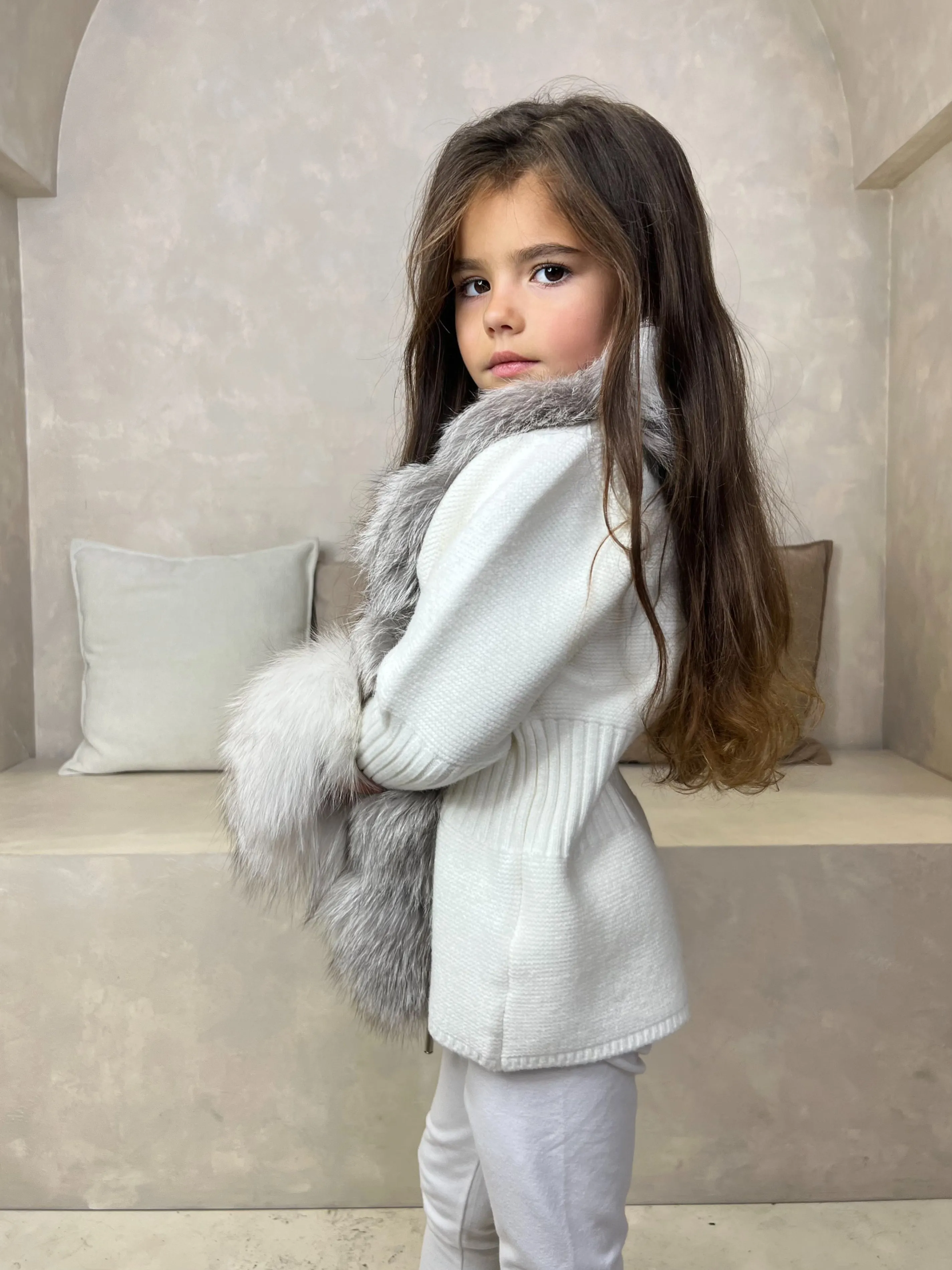 Childrens Cream/Two Tone Luxury Fur Cardigan