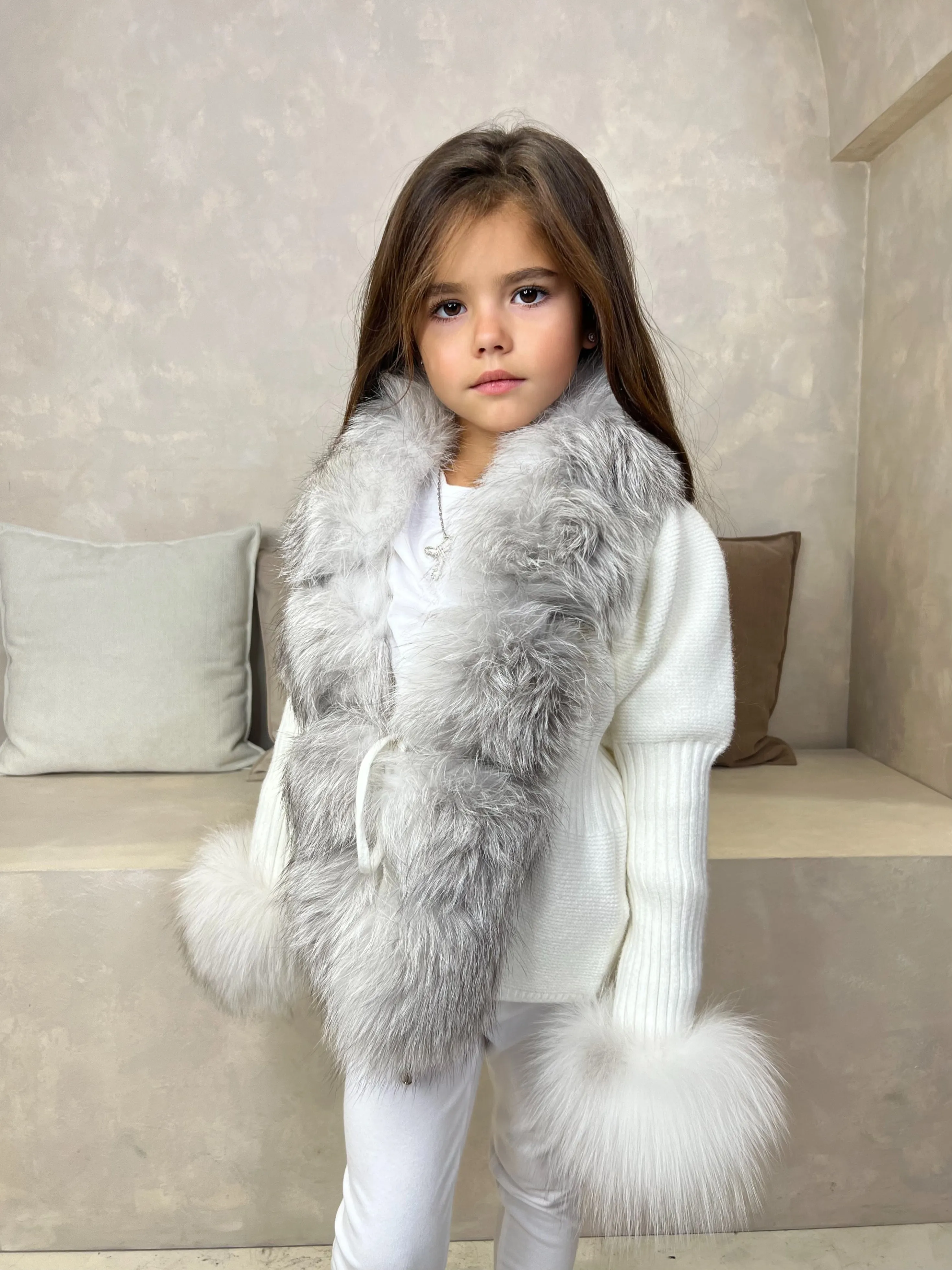 Childrens Cream/Two Tone Luxury Fur Cardigan