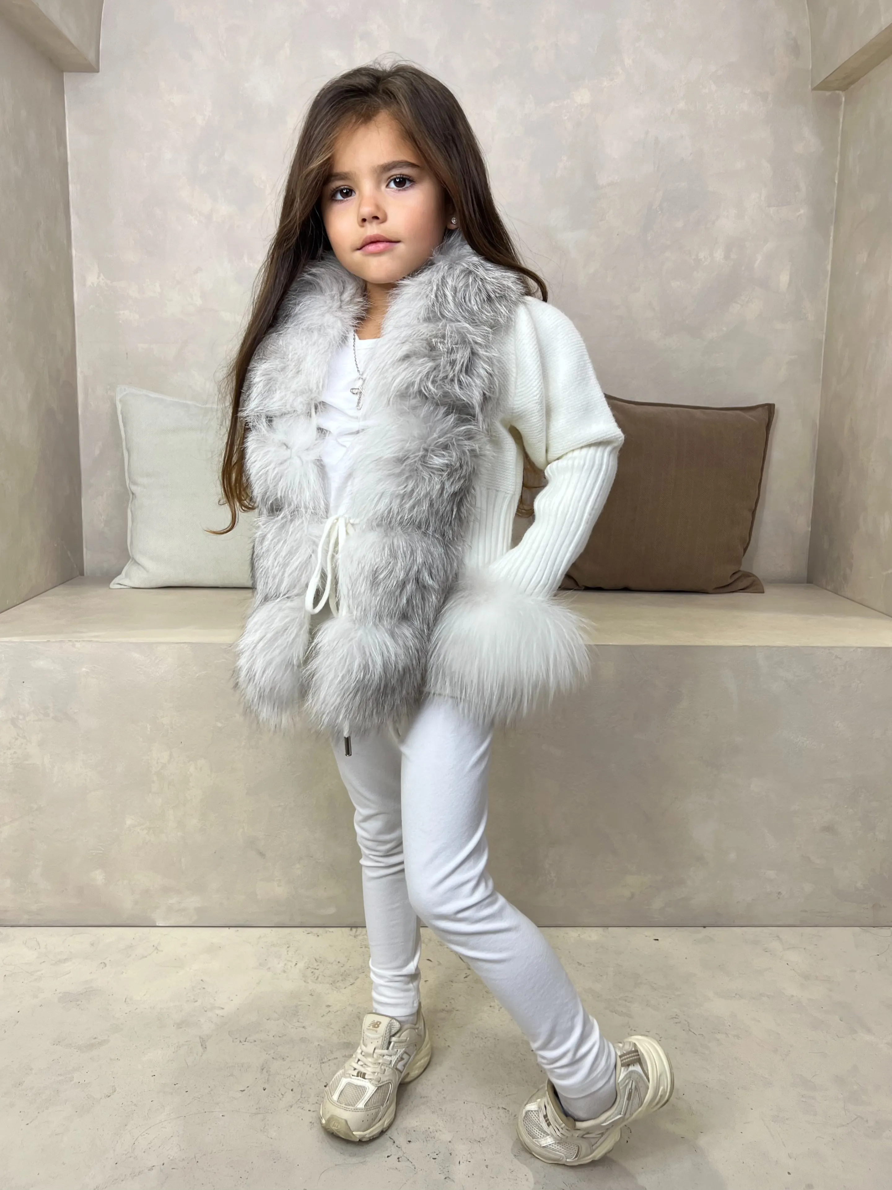 Childrens Cream/Two Tone Luxury Fur Cardigan