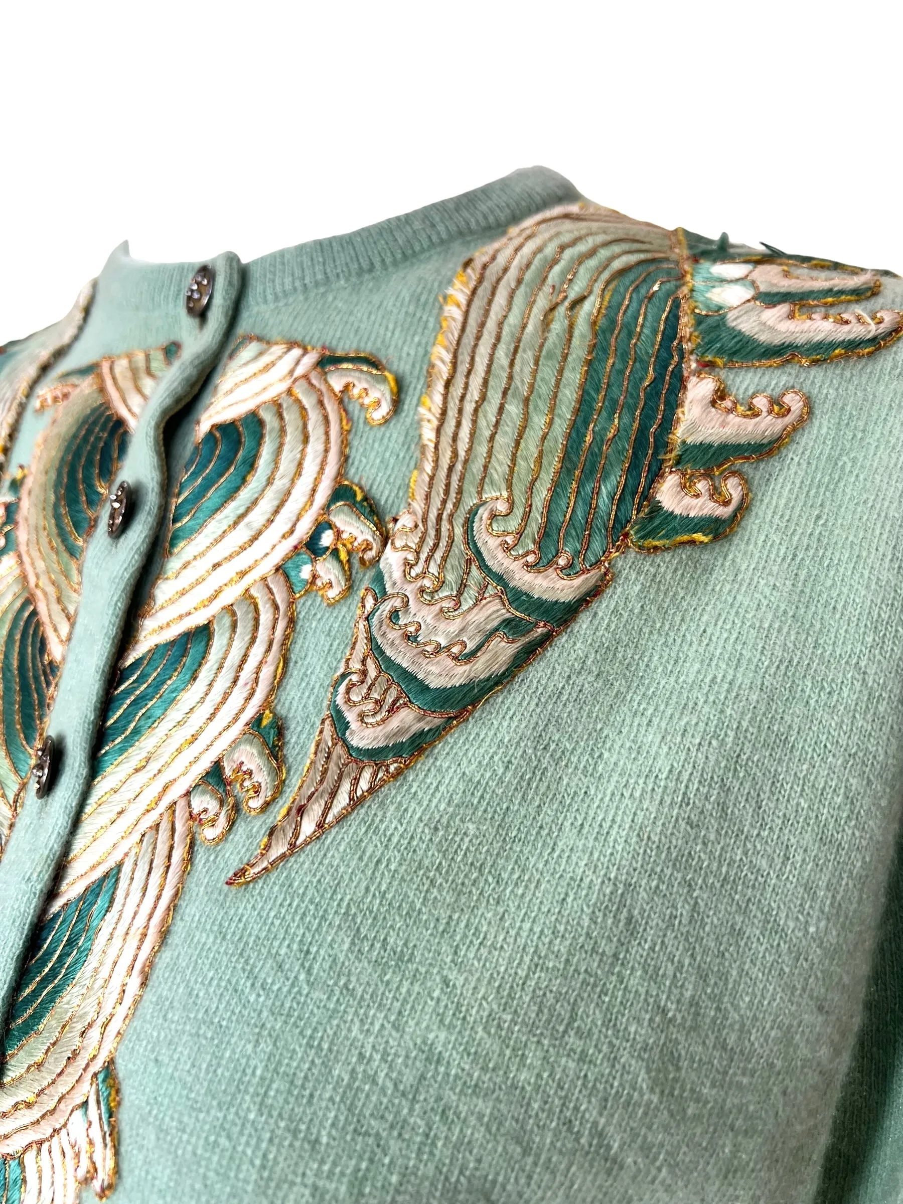 Chinese Qing Embroidery Appliqué Turquoise Cashmere Cardigan Sweater- RARE