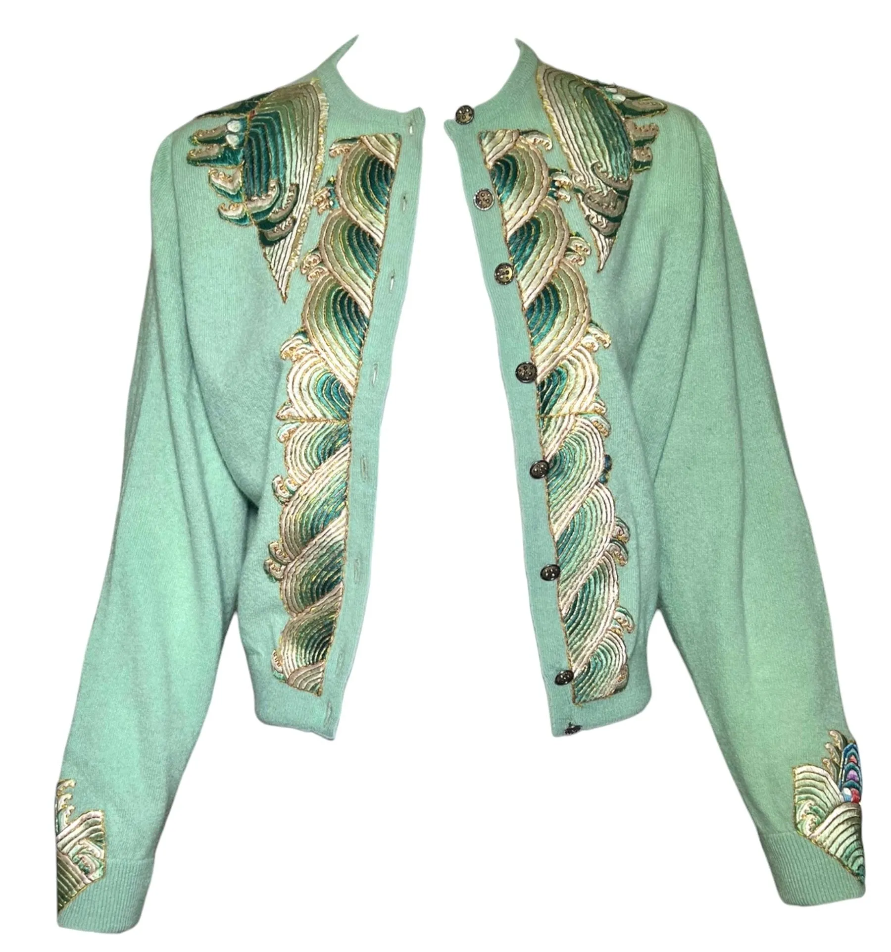 Chinese Qing Embroidery Appliqué Turquoise Cashmere Cardigan Sweater- RARE