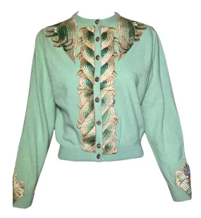 Chinese Qing Embroidery Appliqué Turquoise Cashmere Cardigan Sweater- RARE