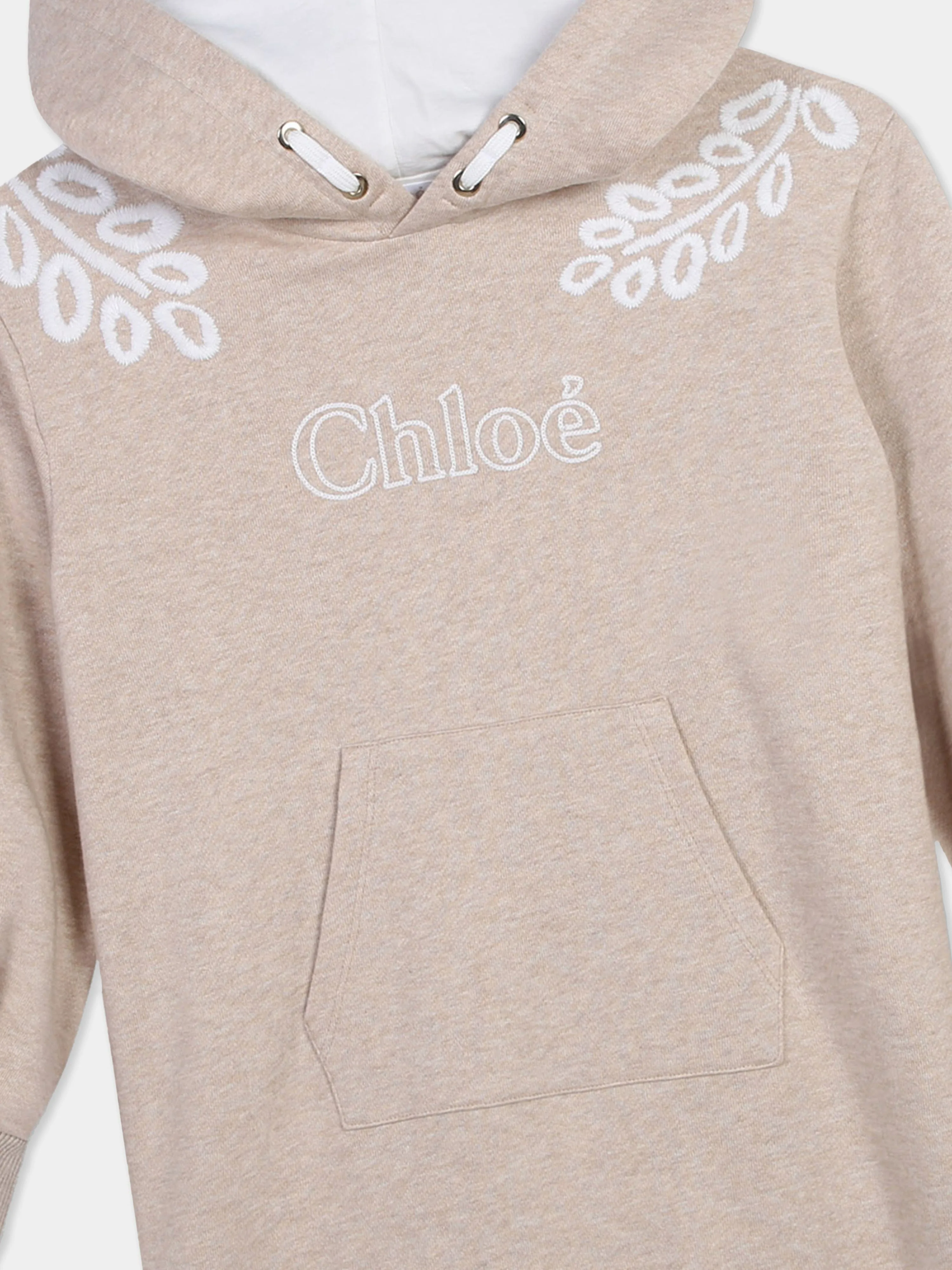 Chloé Girls Embroidered Hooded Sweater Dress in Beige