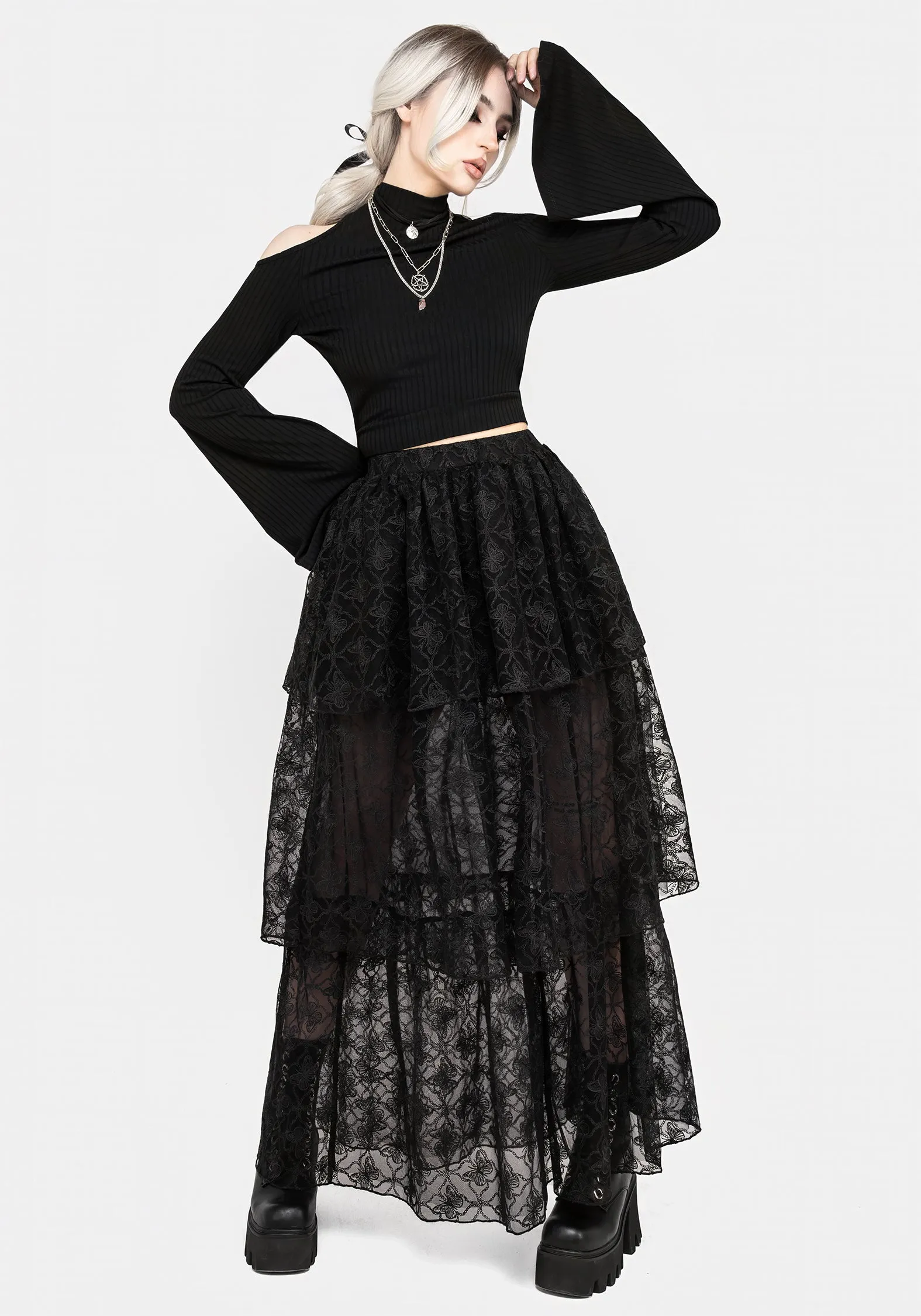 Chrysalis Butterfly Lace Tiered Maxi Skirt