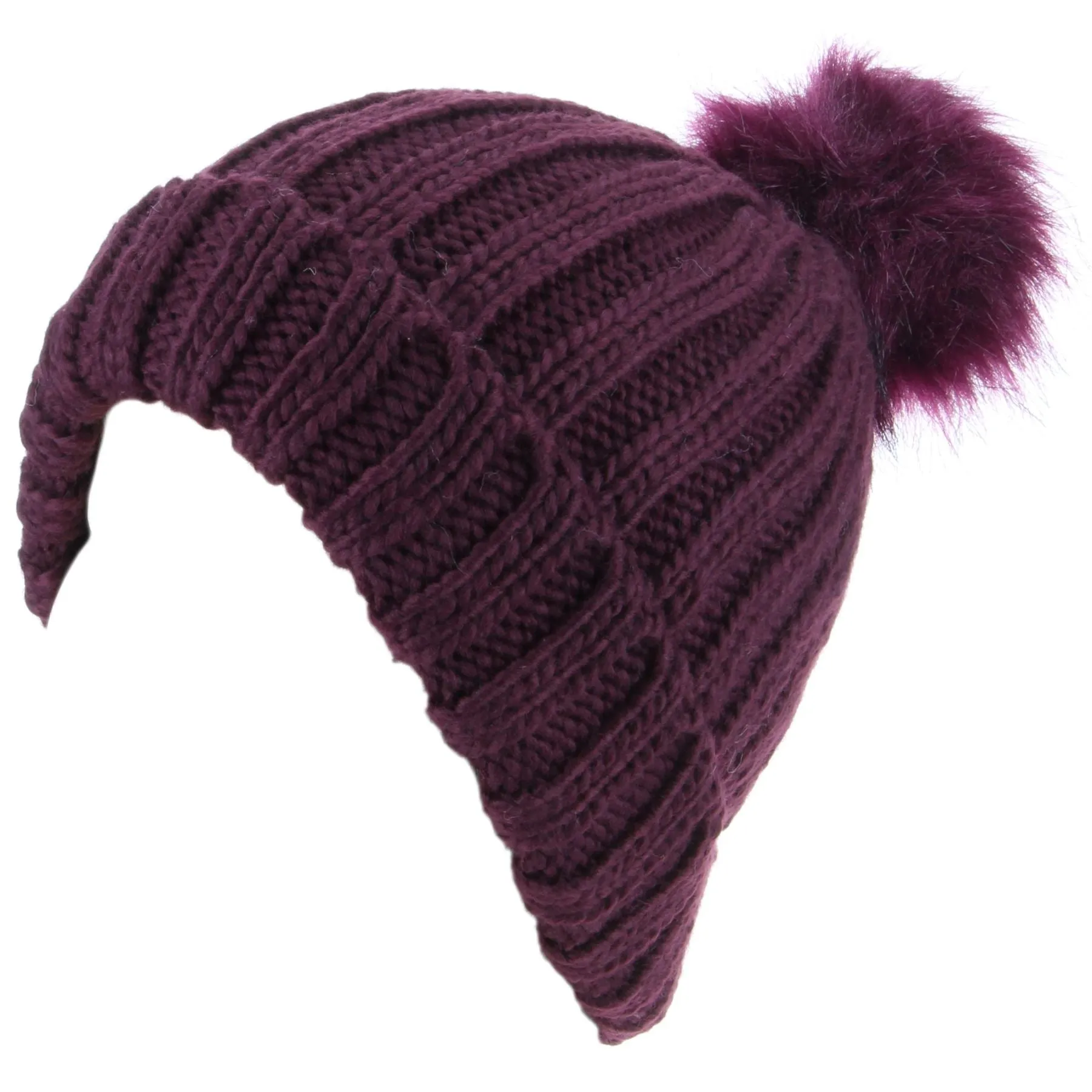 Chunky Knit Beanie Hat with Faux Fur Bobble - Purple