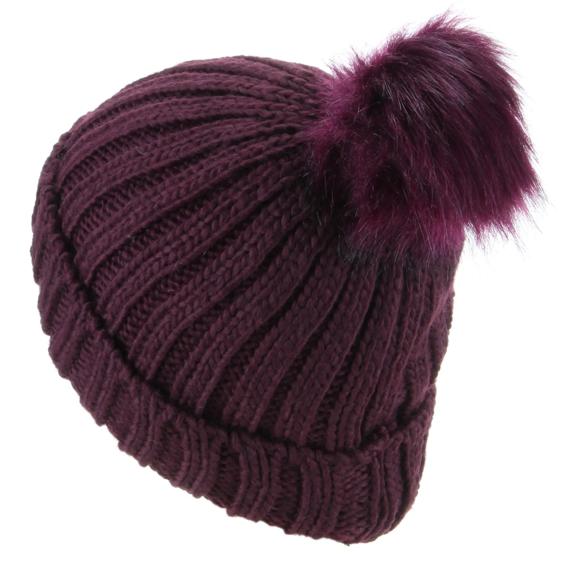 Chunky Knit Beanie Hat with Faux Fur Bobble - Purple