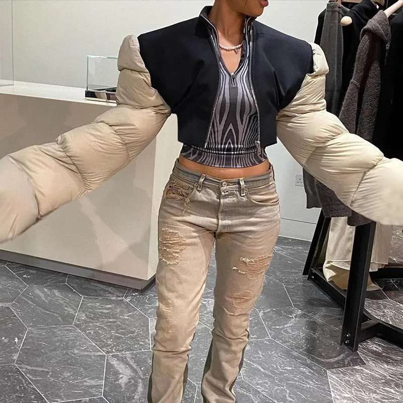 Classic runway oversize big puffer sleeve crop jacket