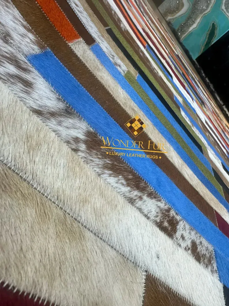 Colorful Natural Cowhide Patchwork Rug, Unique Multicolor Handmade Cow Skin Rug, Non Slip Rug