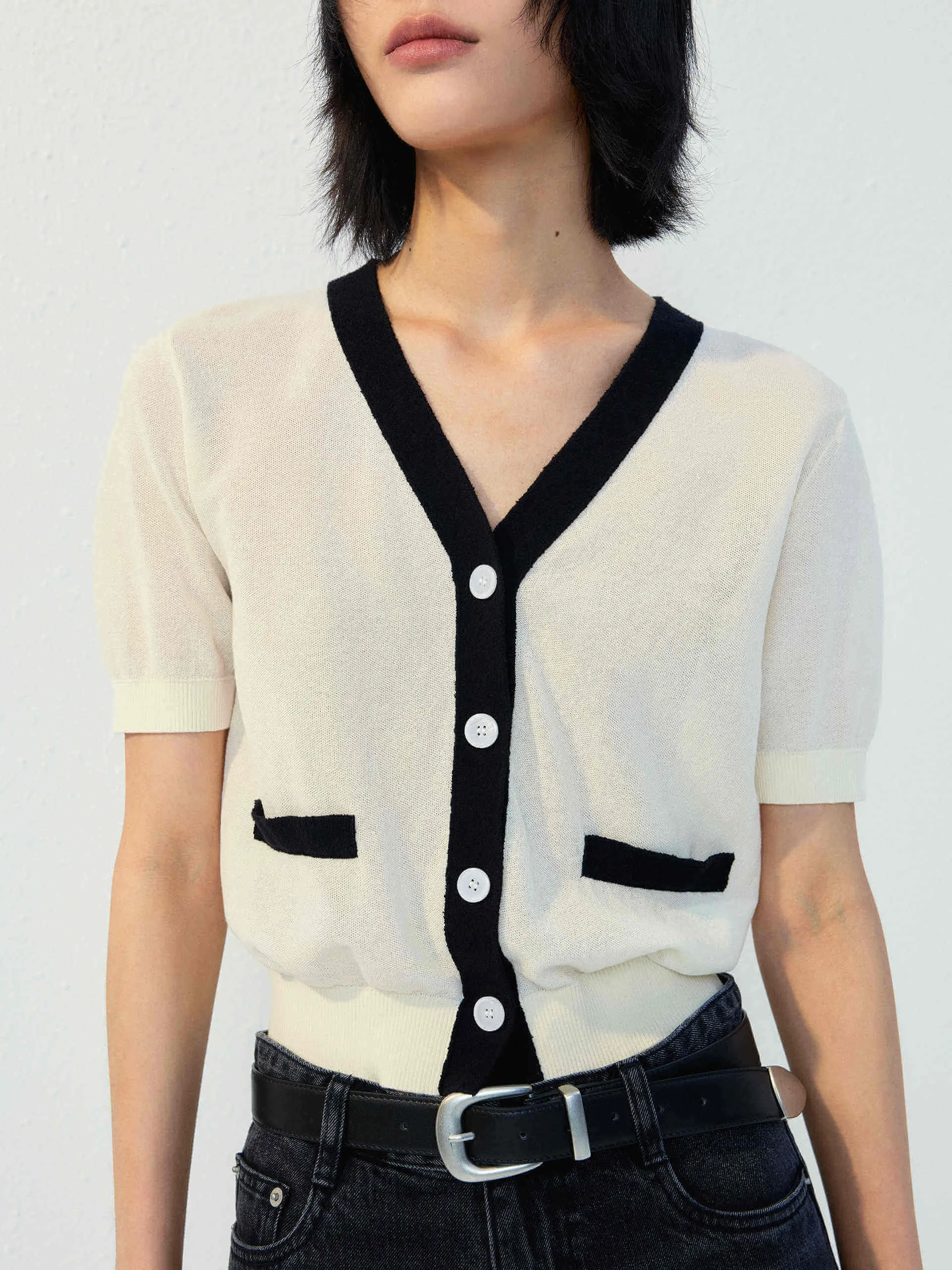 Contrast Trim Button Cardigan