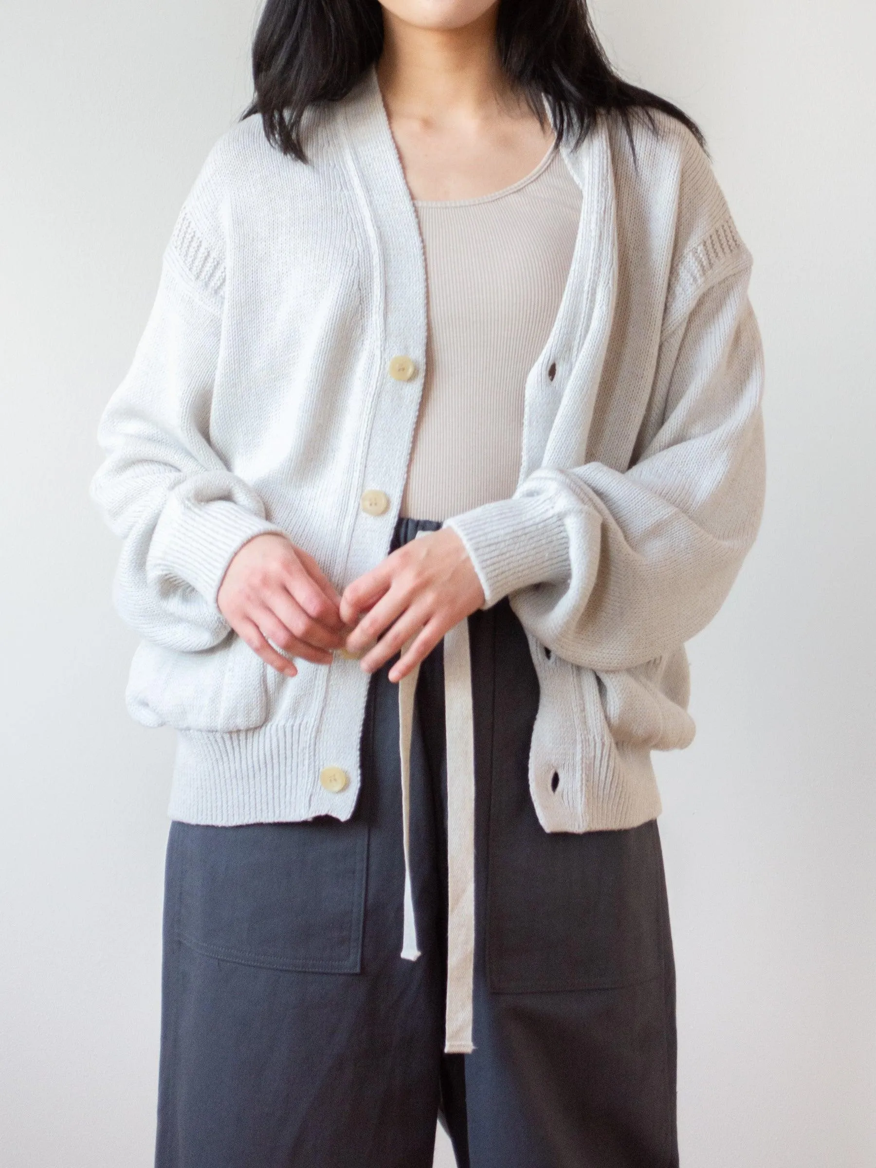 Cotton Linen Guernsey Cardigan - Light Gray Mix