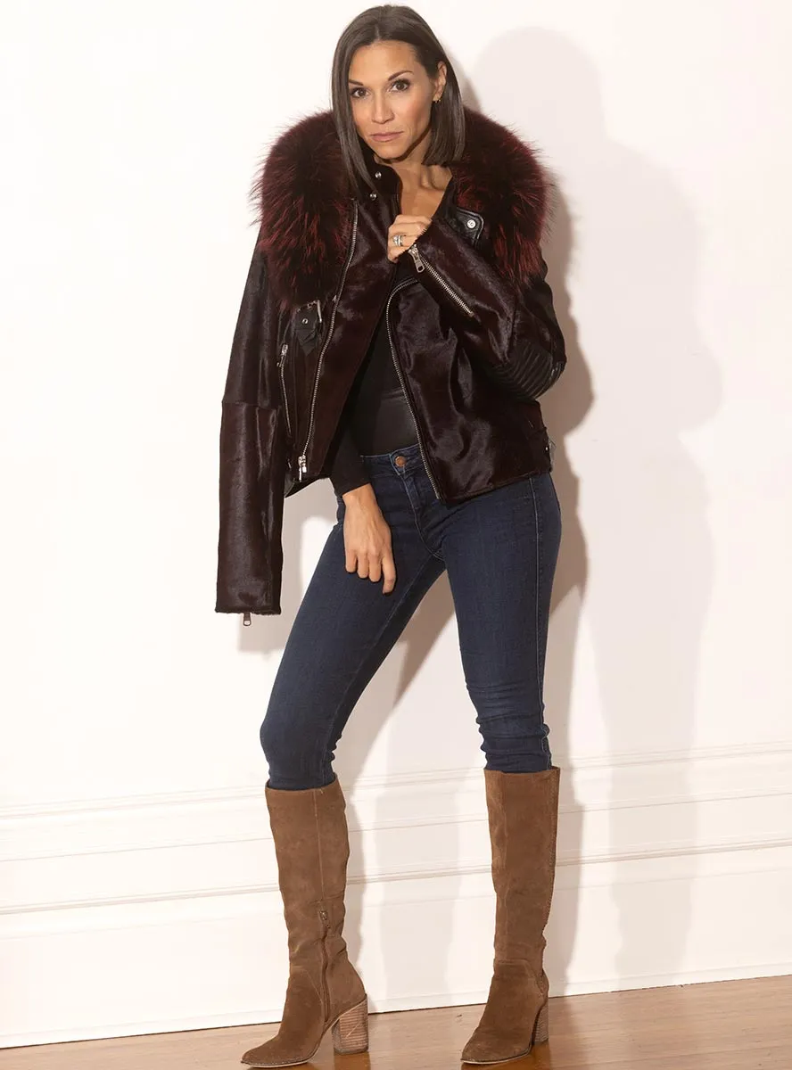 Cowhide Moto Jacket with Raccoon Fur Collar