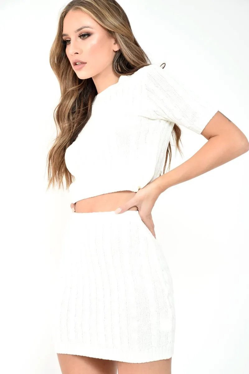 Cream Cable Knit Crop Top And Skirt Co-ord - Galiana