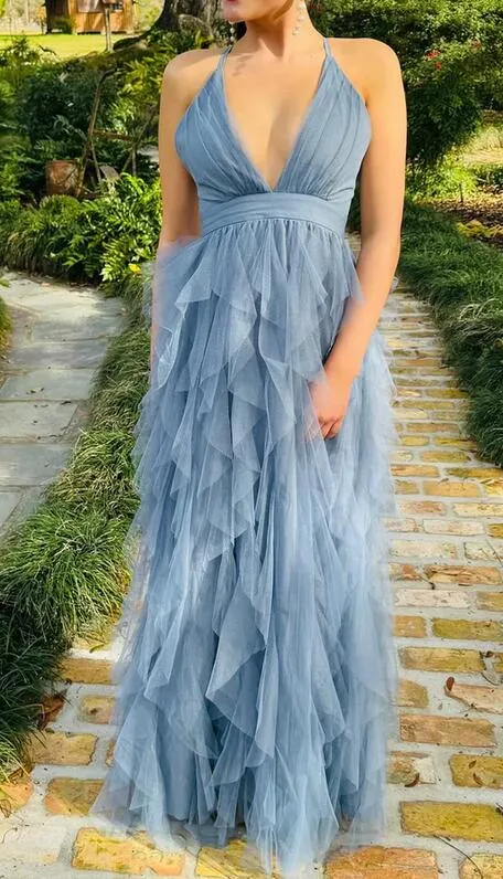 Cross-Back Ruffle Maxi Long Prom Dress