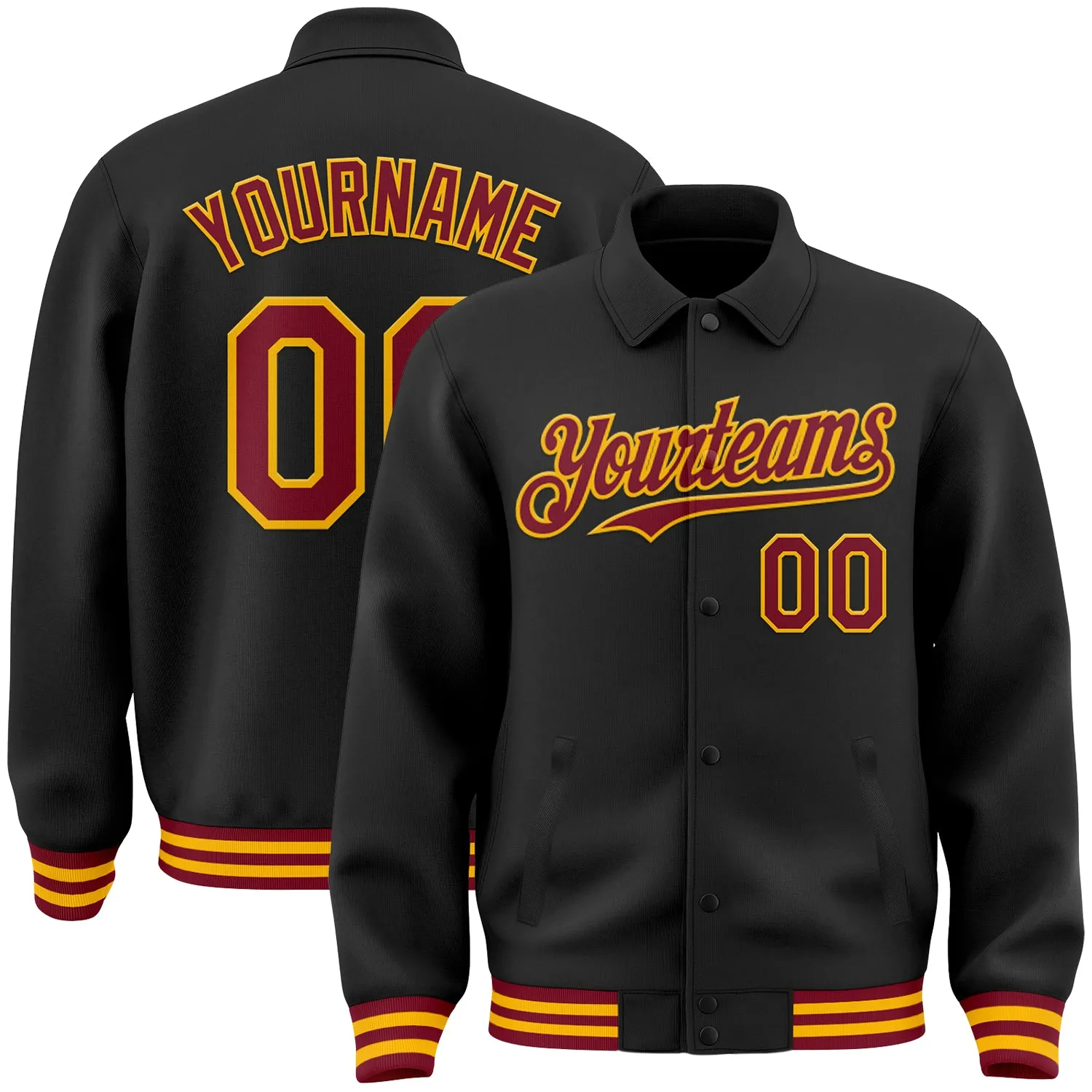 Custom Black Crimson-Gold Bomber Full-Snap Varsity Letterman Lapel Collar Byron Jacket