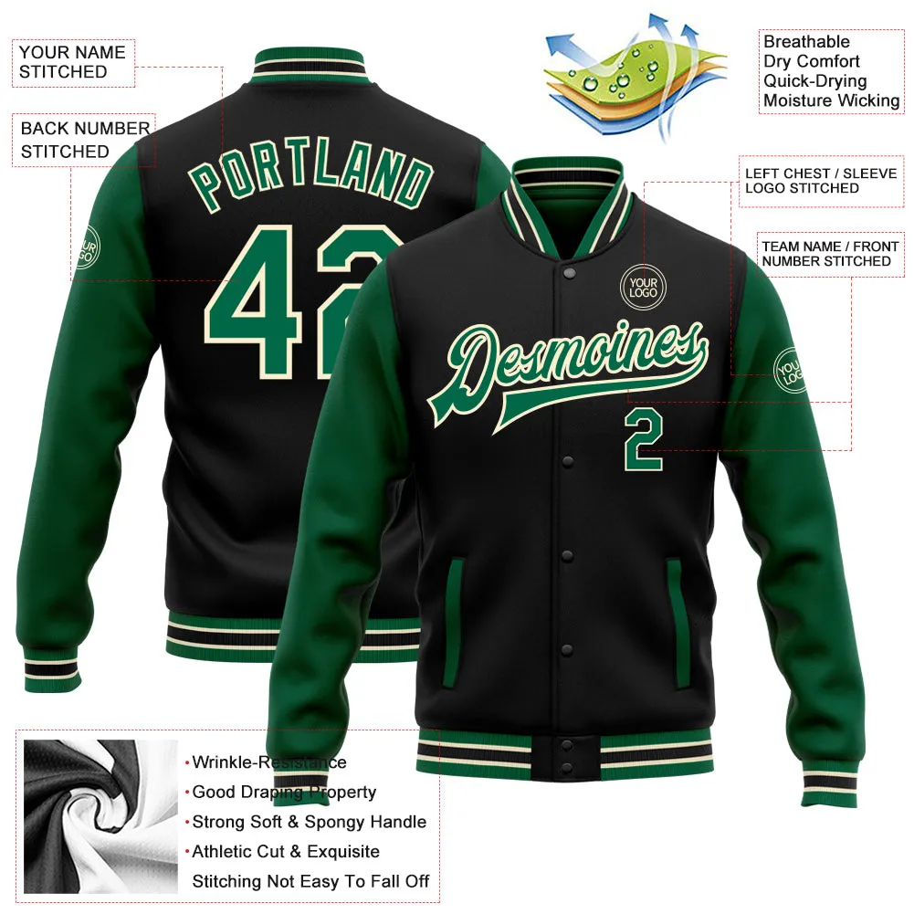 Custom Black Kelly Green-Cream Bomber Full-Snap Varsity Letterman Two Tone Jacket