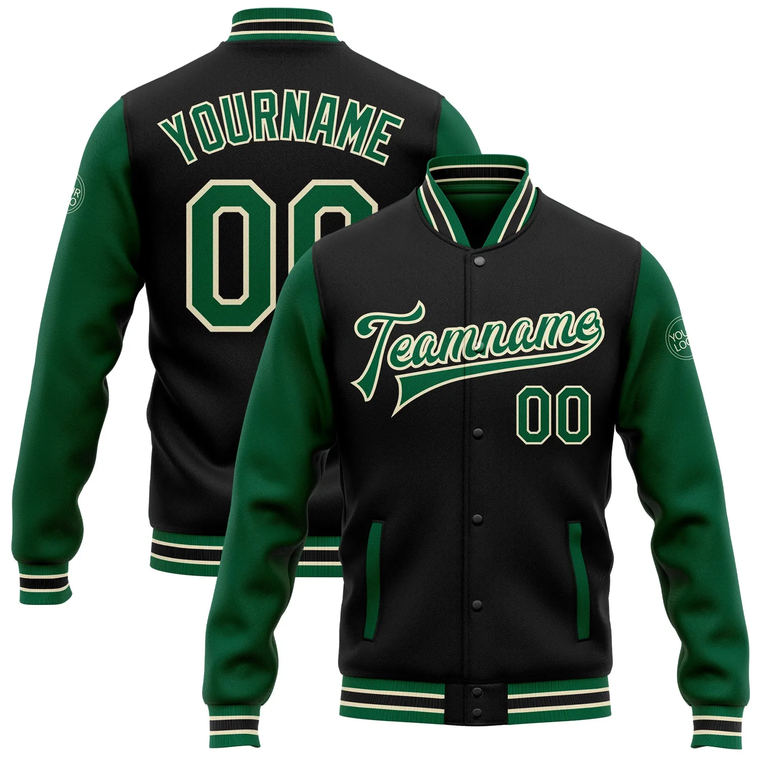 Custom Black Kelly Green-Cream Bomber Full-Snap Varsity Letterman Two Tone Jacket