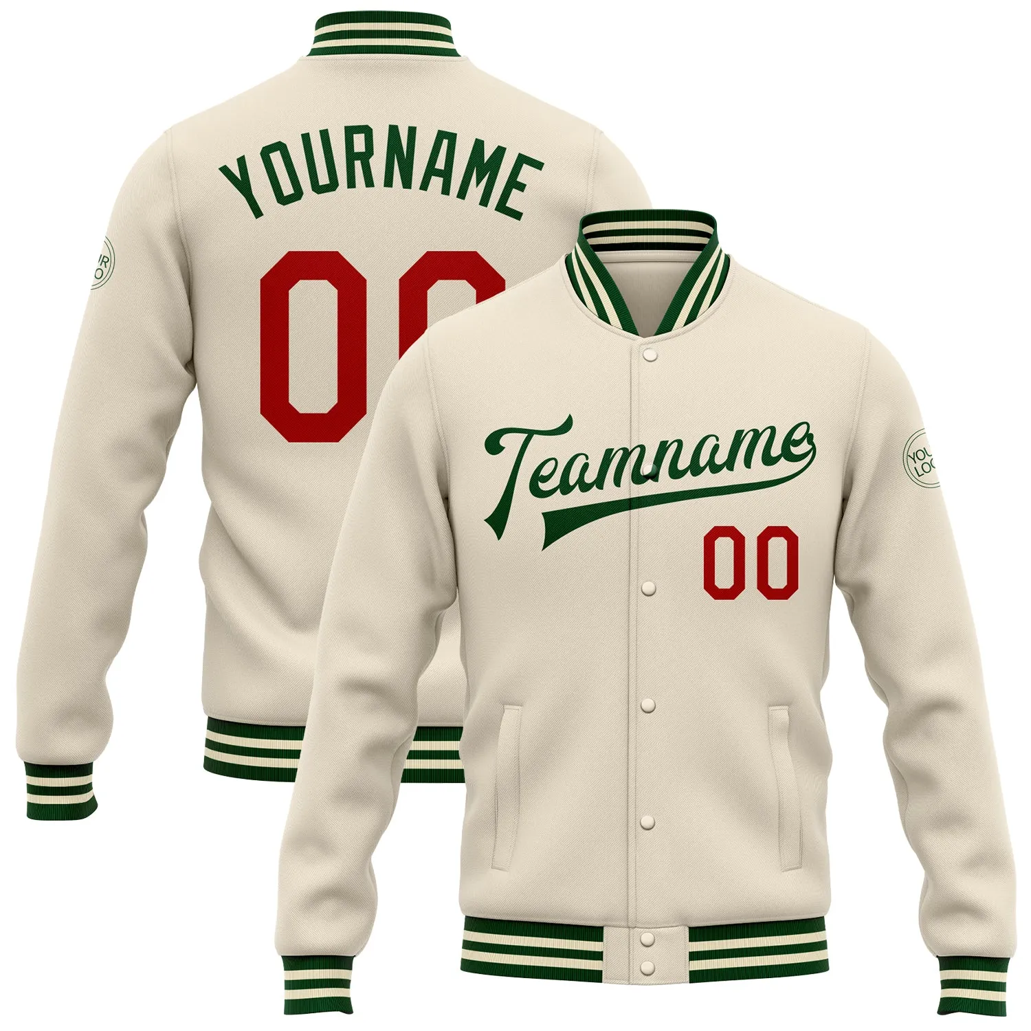 Custom Cream Red-Green Bomber Full-Snap Varsity Letterman Jacket